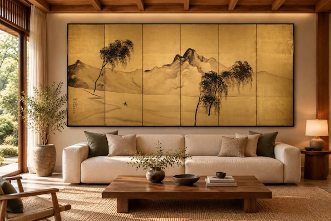 A six-panel byōbu folding screen with landscape in sumi-e...