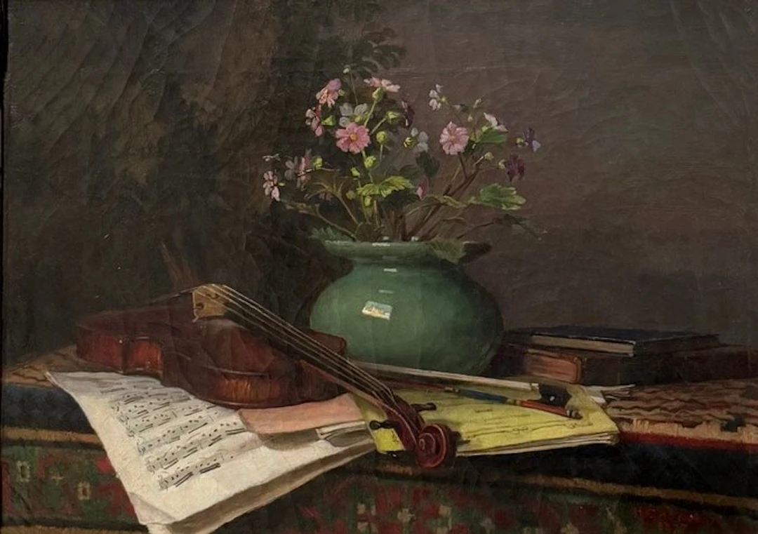 Henry Dagneau (XIX) - Natura morta con violino, spartito e vaso di fiori