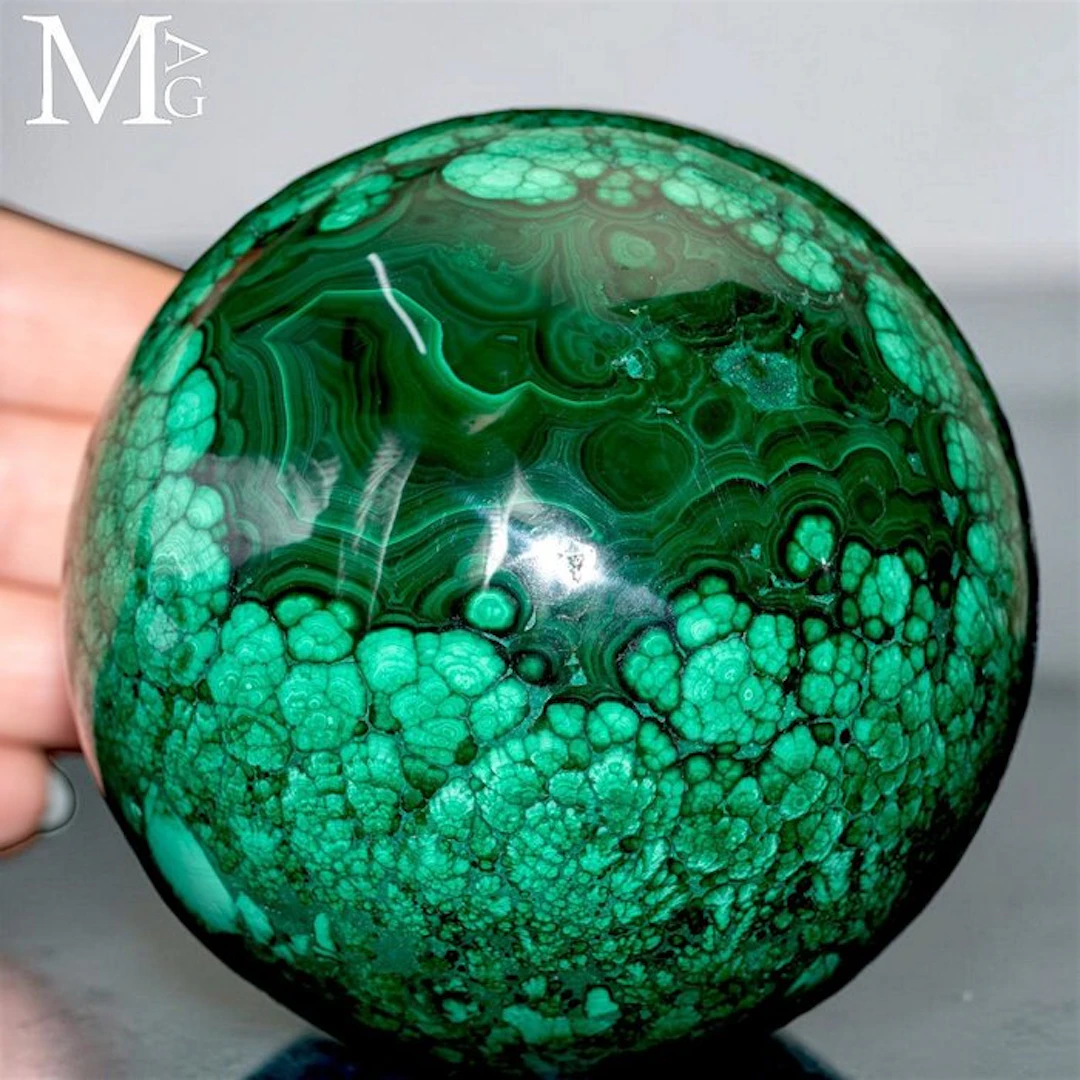 Deep Green Malachite Sphere with Striking Botryoidal...