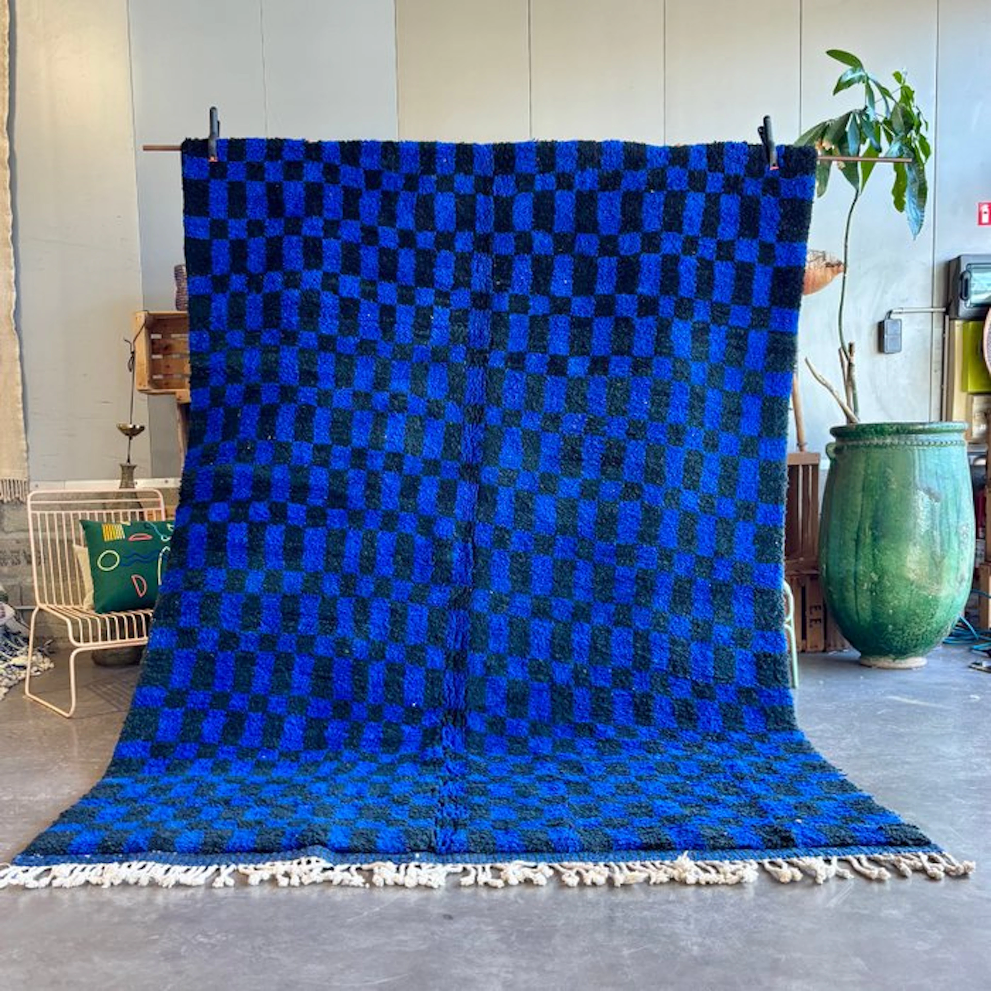 Checkered Moroccan Wool Rug - Blue and Black Carpet - Rug...