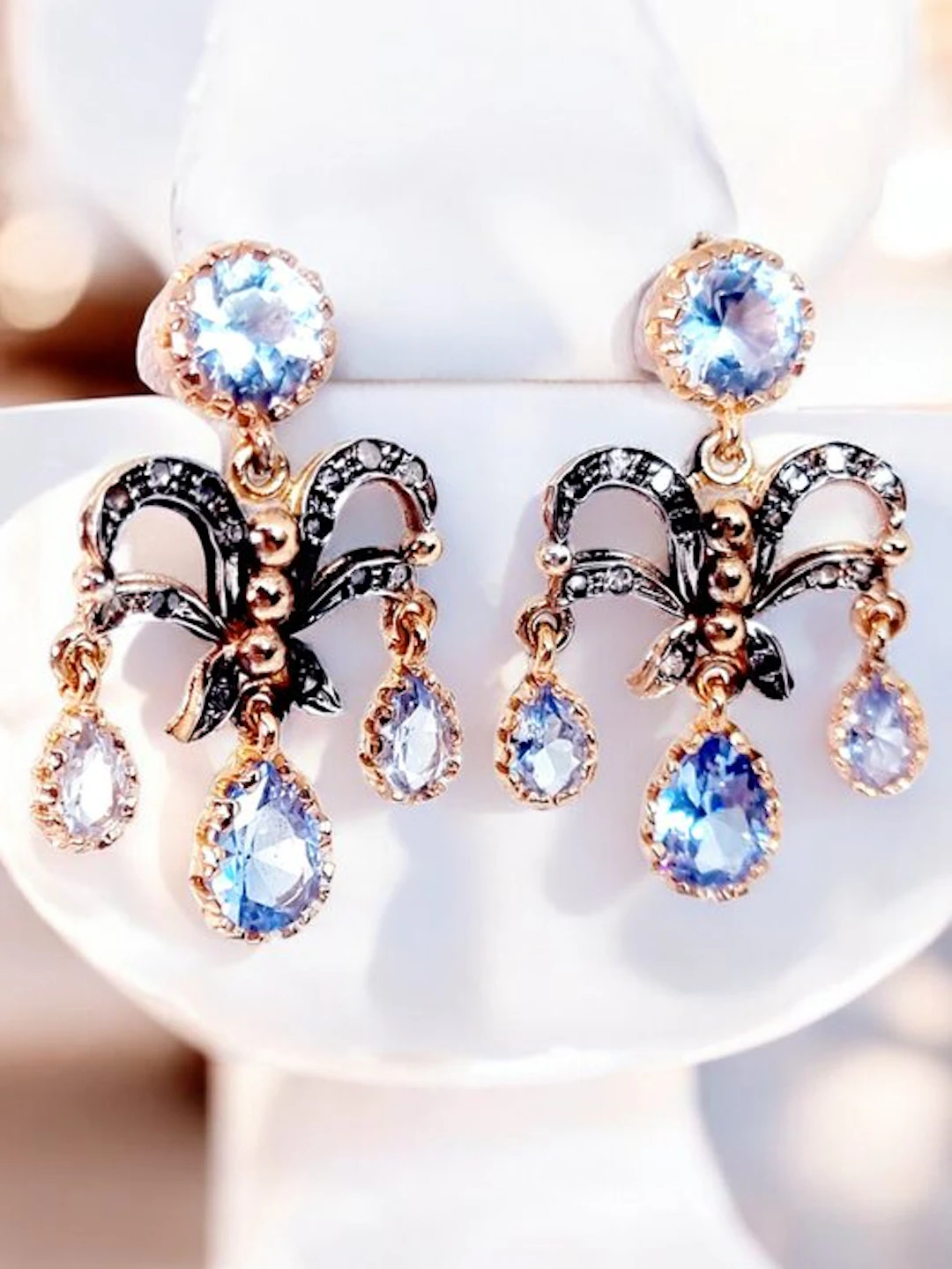 No reserve price - Earrings - 9 kt. Silver, Rose gold Aquamarine - Diamond
