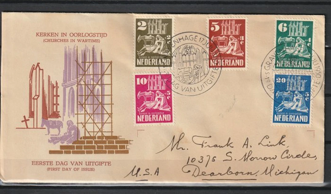 Netherlands - 1950 FDC E2 church stamps with certificate by H. Vleeming