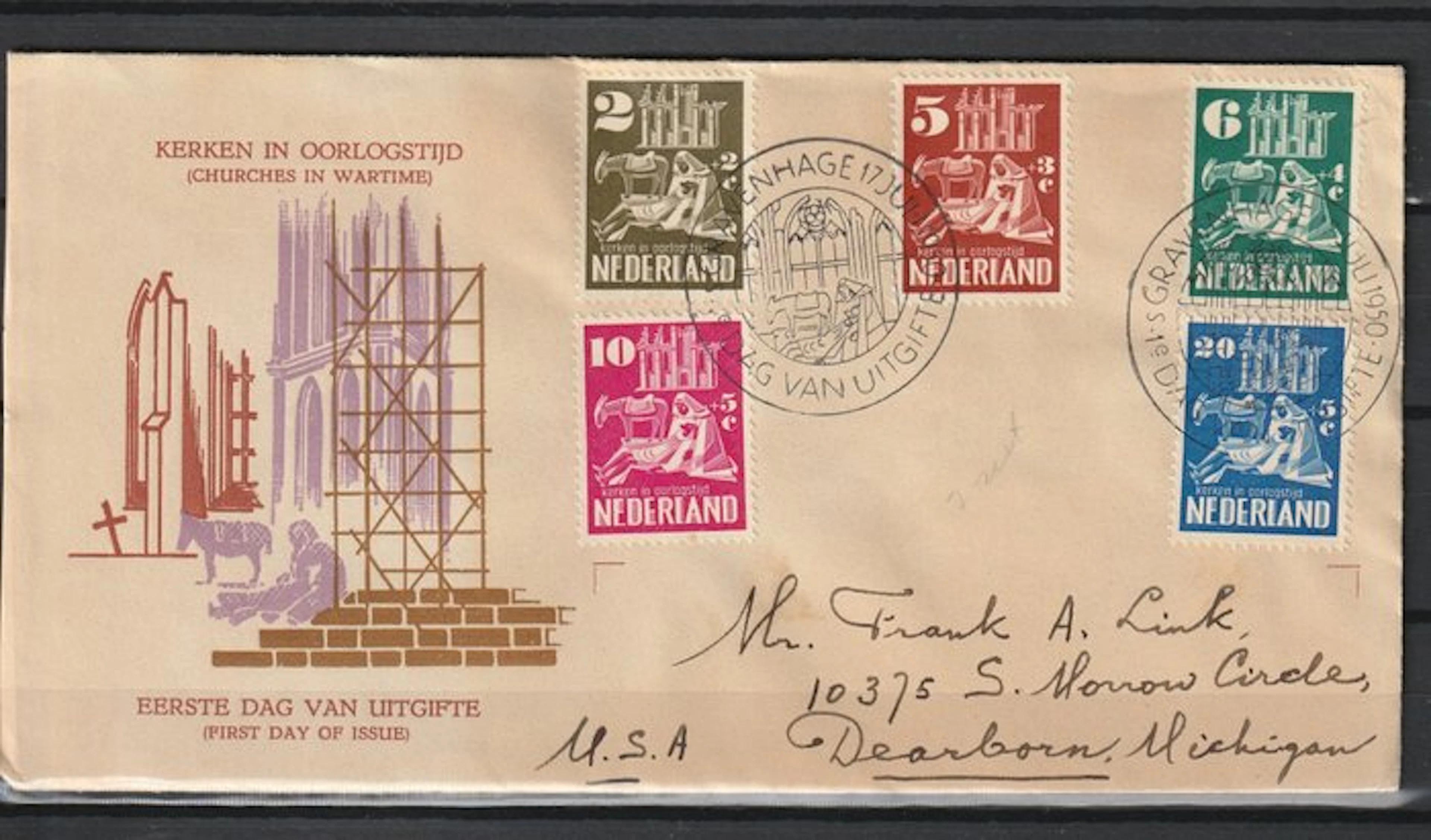 Netherlands - 1950 FDC E2 church stamps with certificate by H. Vleeming