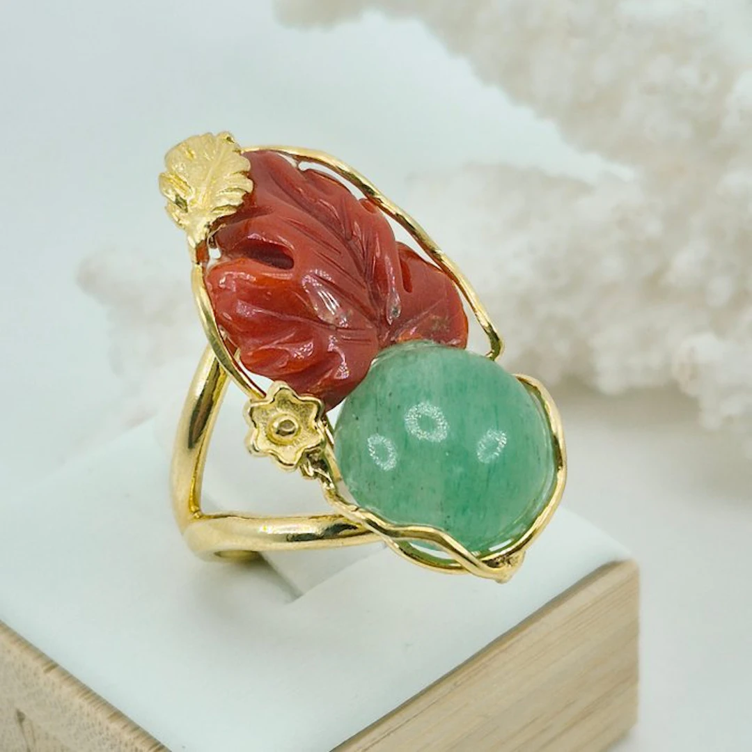 Coral - Silver, Gold-plated - Ring