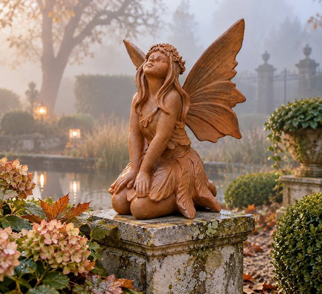 Statue, metal statue of as dreaming fairy - 26.5 cm - Cast iron