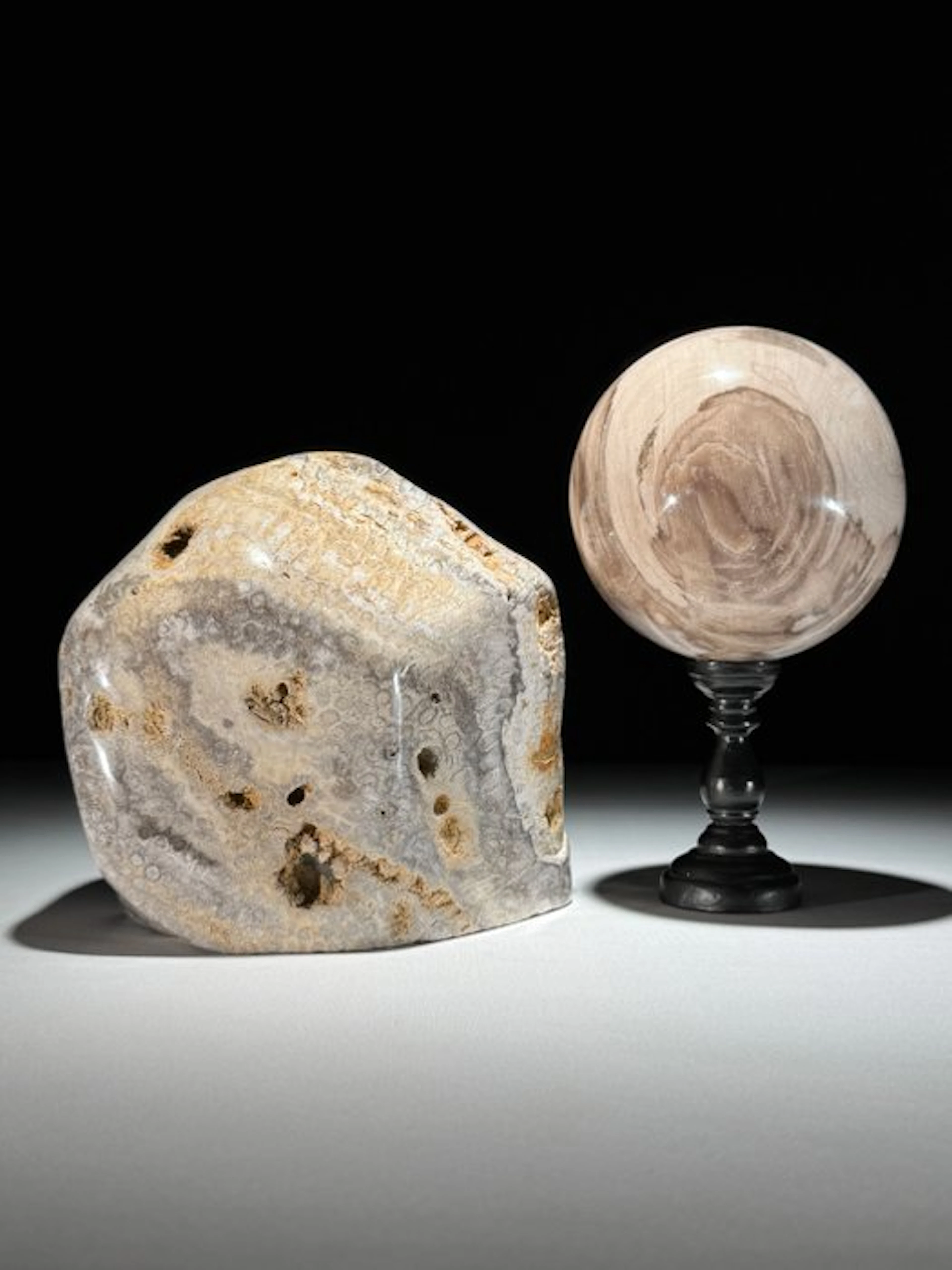 Wonderful Pair of Petrified Wood Freeform & Sphere...