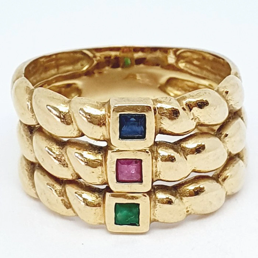 Ring - 18 kt. Yellow gold - 0.05ct. tw. Ruby - Sapphire - Esmeralda