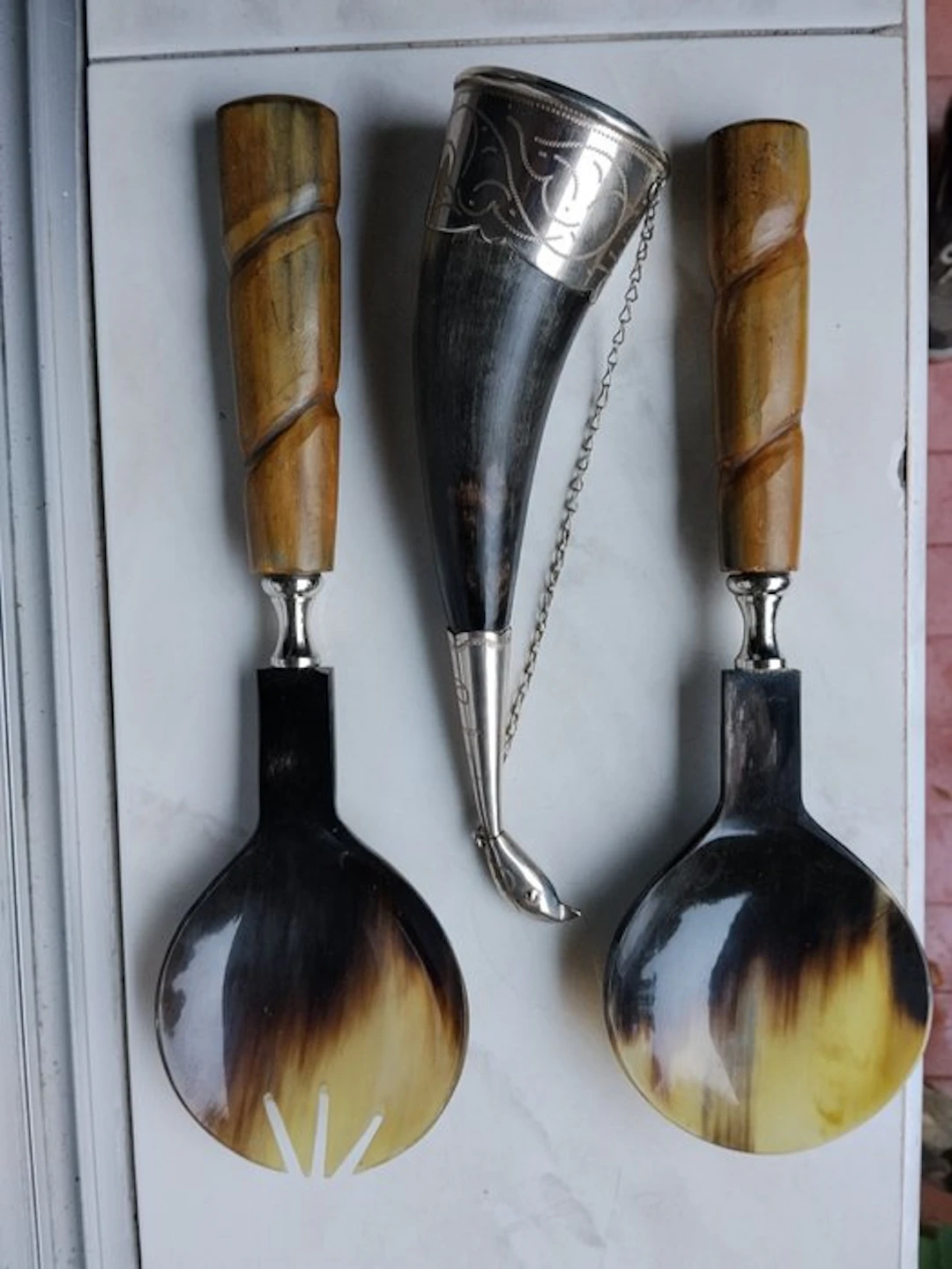 Unknown - Salad servers (3) - Horn, Silverplated - 1960-1970 - Salad service