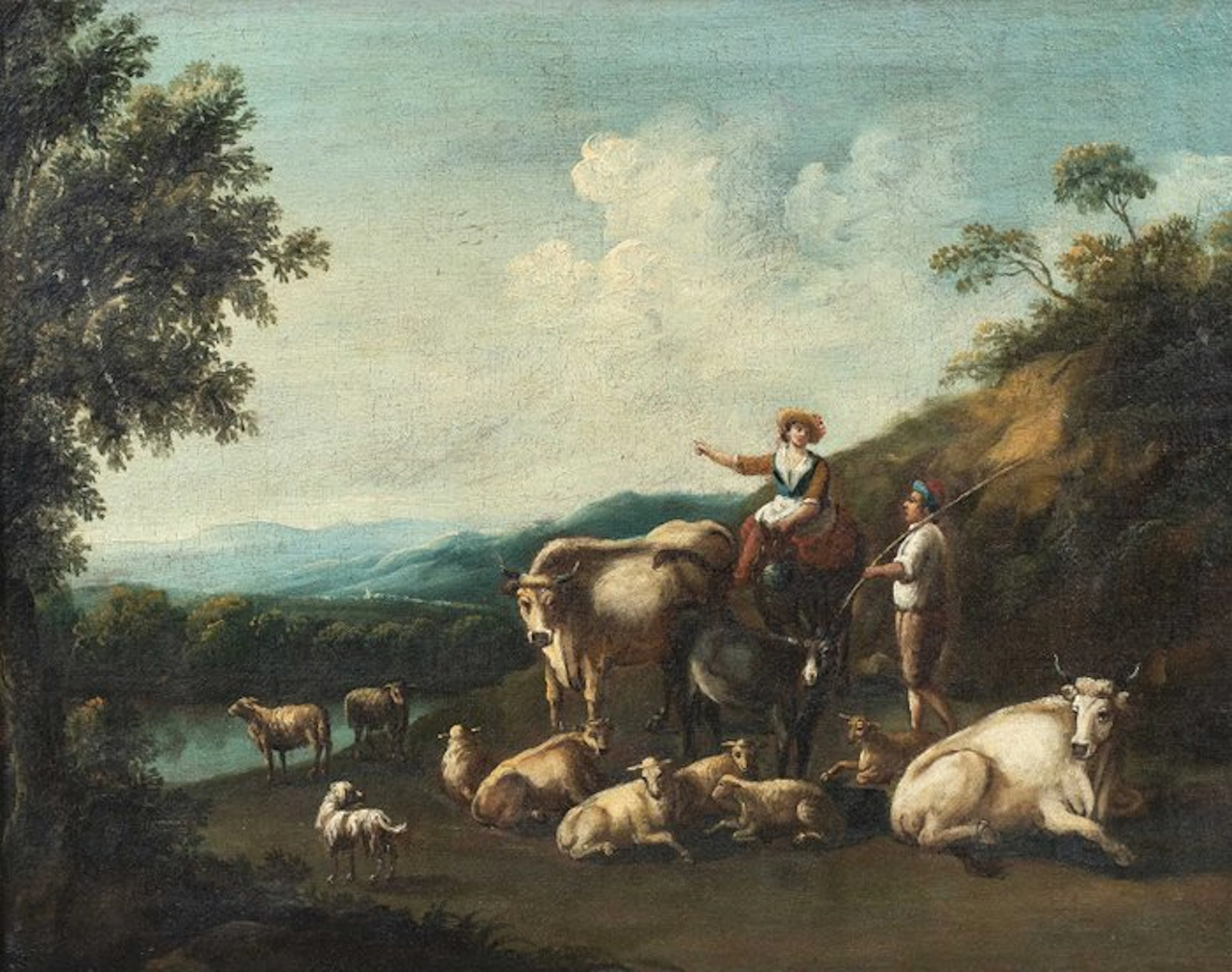 Italian school (XVIII) - Rural landscape with shepherds and flock