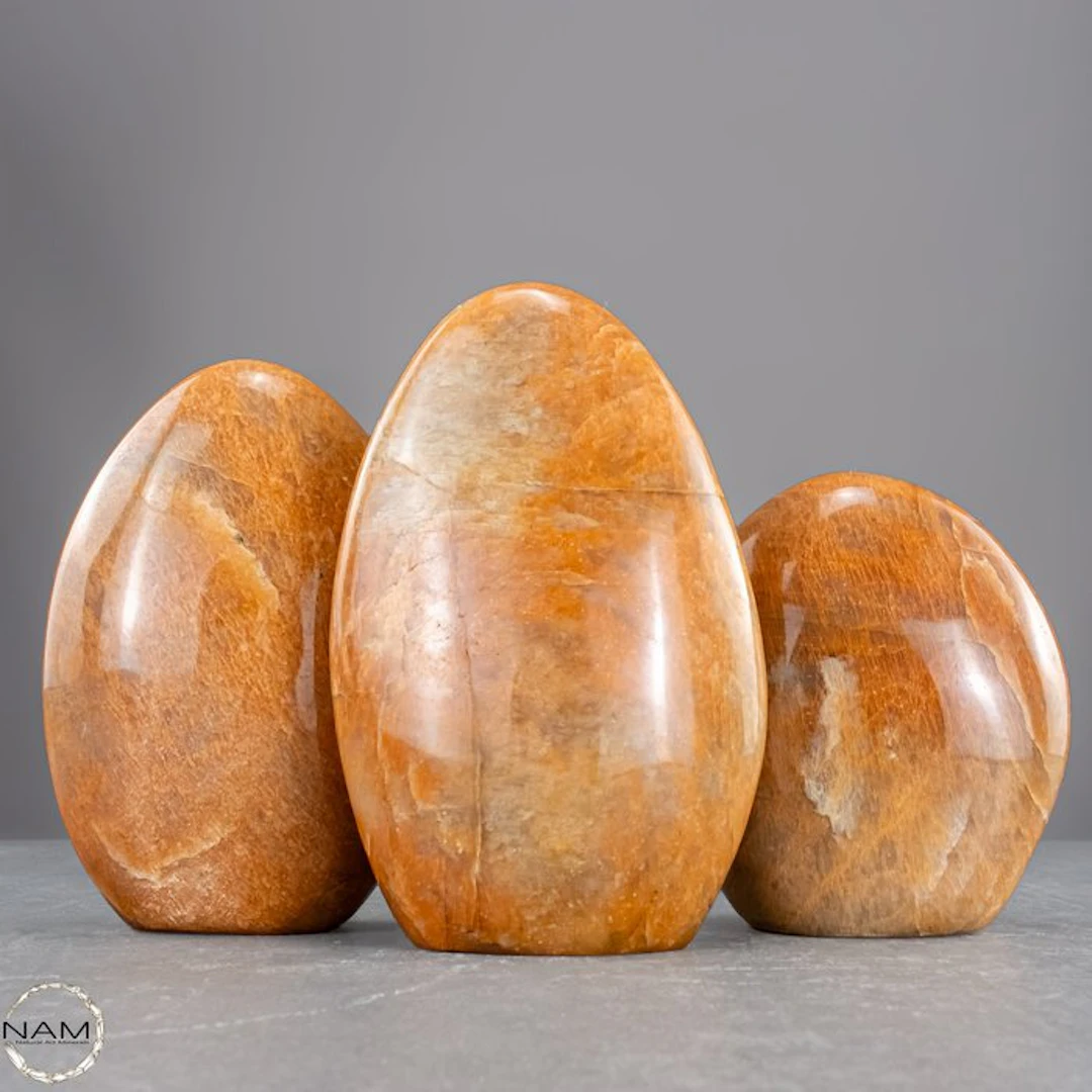 Peach Moonstone Free-Form Set – Three warm natural...