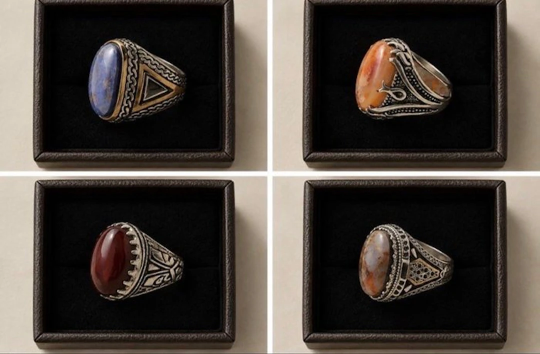 4 silver 925 rings — natural yemeni agate and onyx stones...