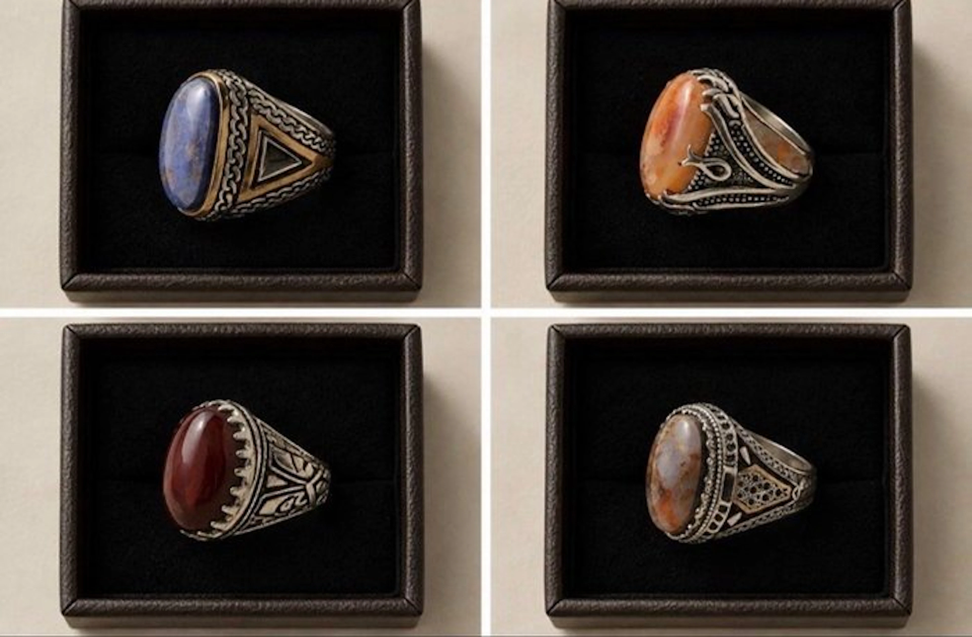 4 silver 925 rings — natural yemeni agate and onyx stones...