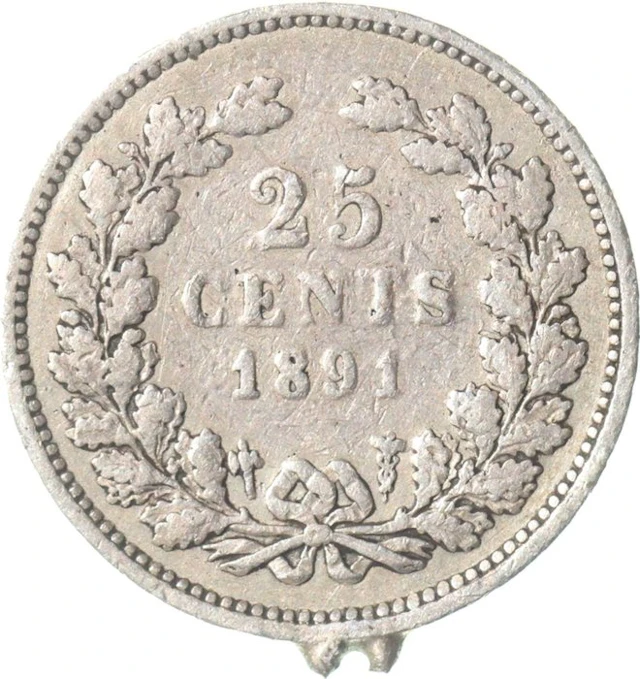Netherlands. Wilhelmina. 25 Cents 1891 contemporaine vervalsing ZELDZAAM