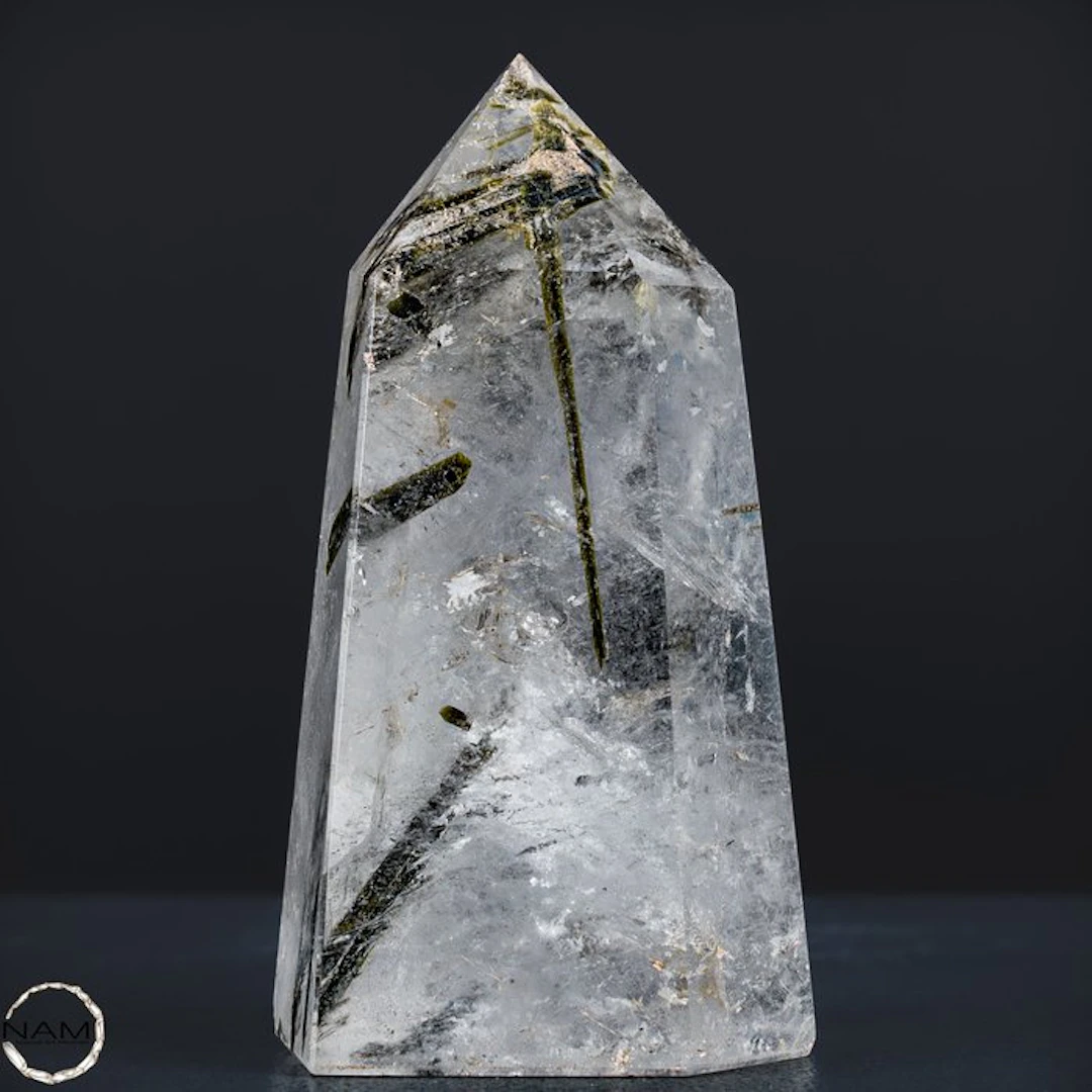 Extraordinary natural quartz tip with tourmaline inclusions- 458.13 g