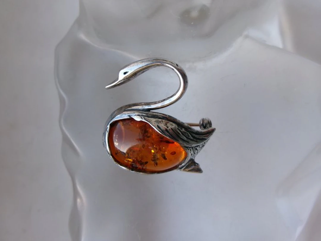 Silver, Amber - Brooch - Art Nouveau Style