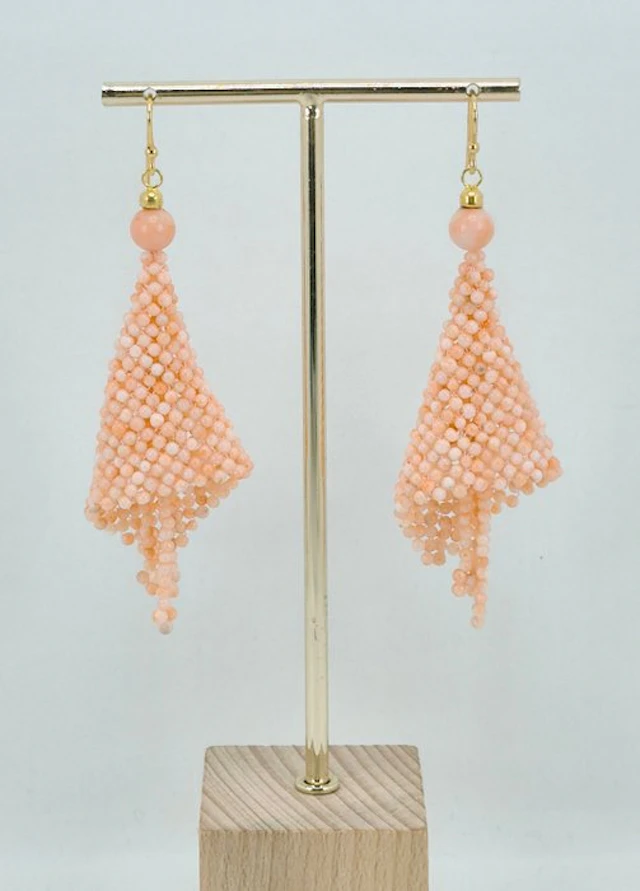 Coral - Silver, Gold-plated - Earrings - Pink coral woven fabric