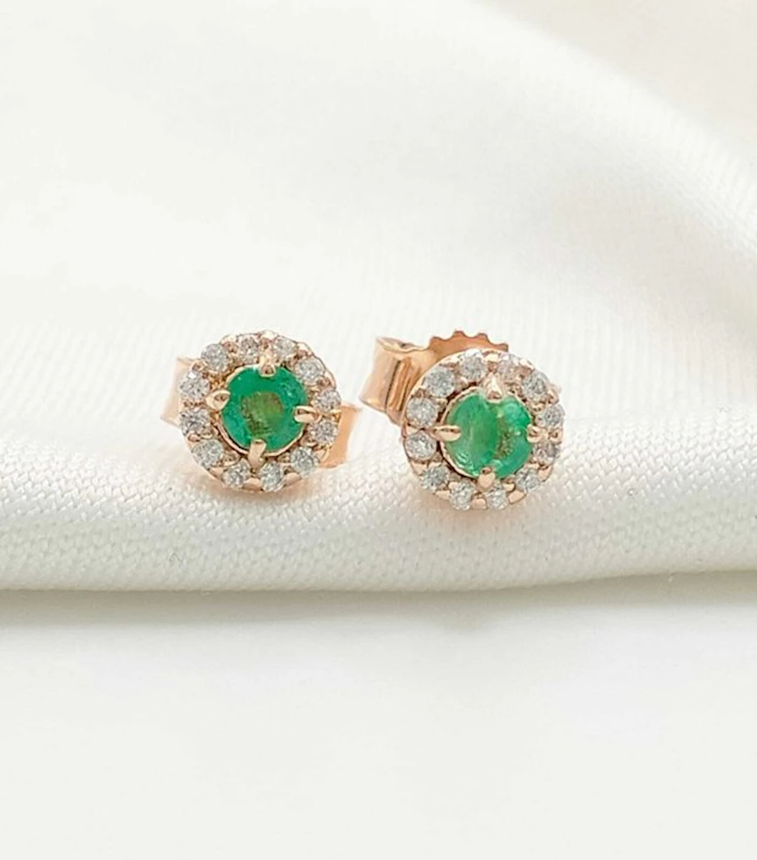 No reserve price - Stud earrings - 14 kt. Rose gold Emerald - Diamond - 585