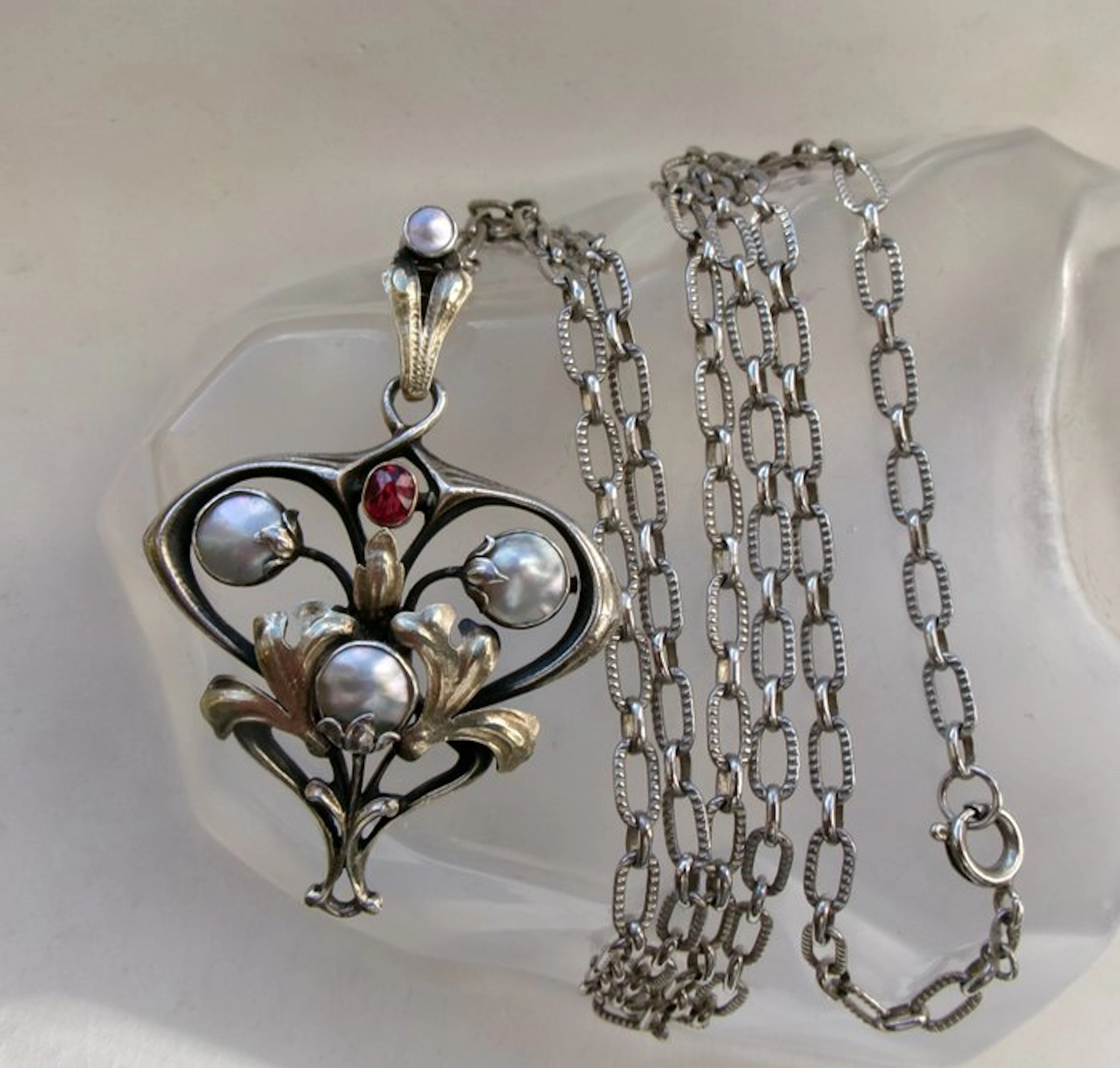 Silver, Topaz & Mother-of-Pearl - Necklace with pendant - Art Nouveau