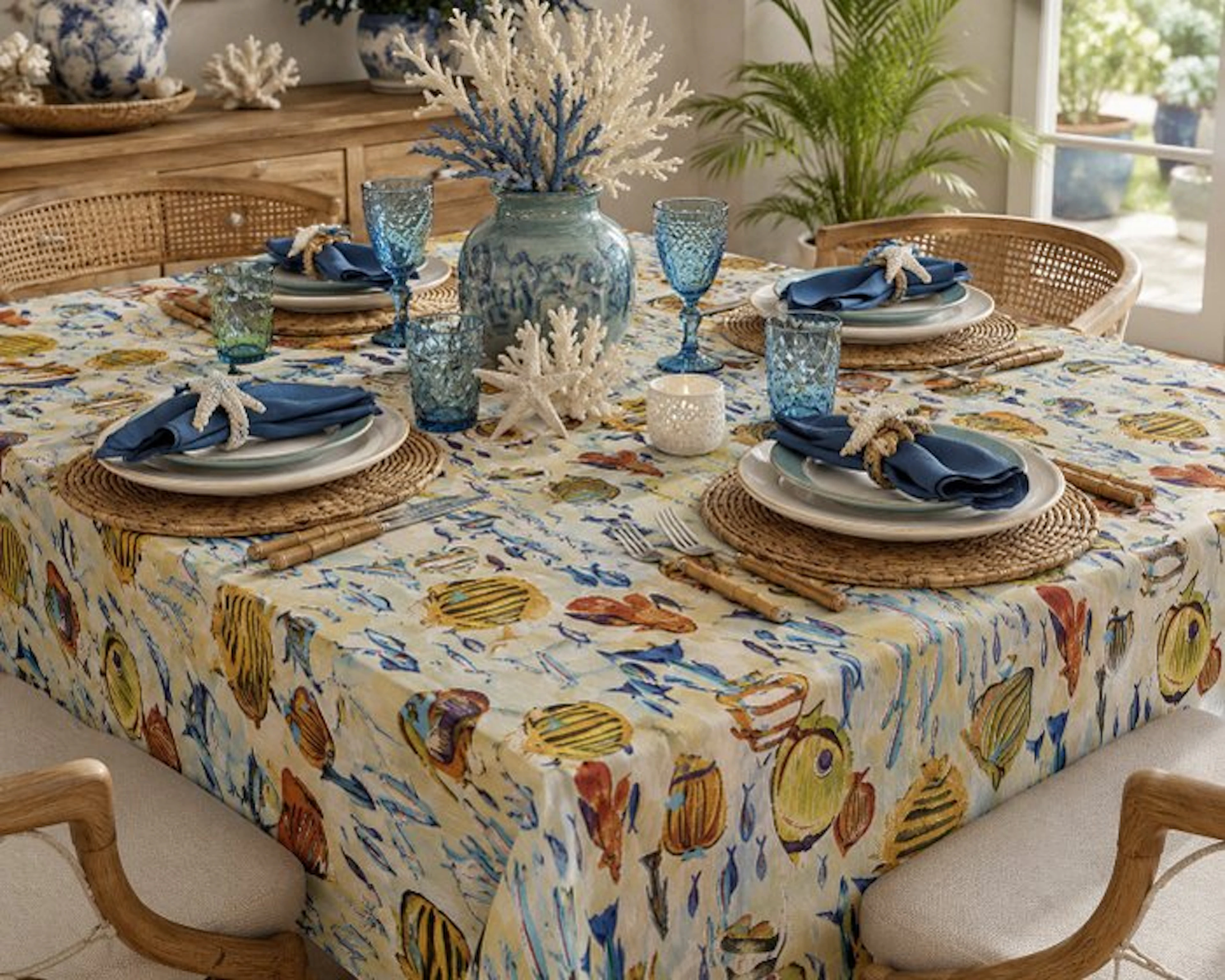 Tropical Reef Pattern Tablecloth – Maritime Elegance in...
