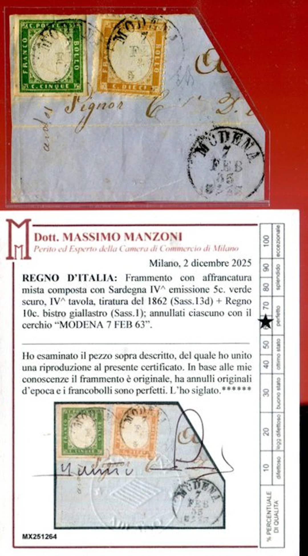 Italy Kingdom 1863 - Mixed tri-color franking with Matraire 40 centesimi