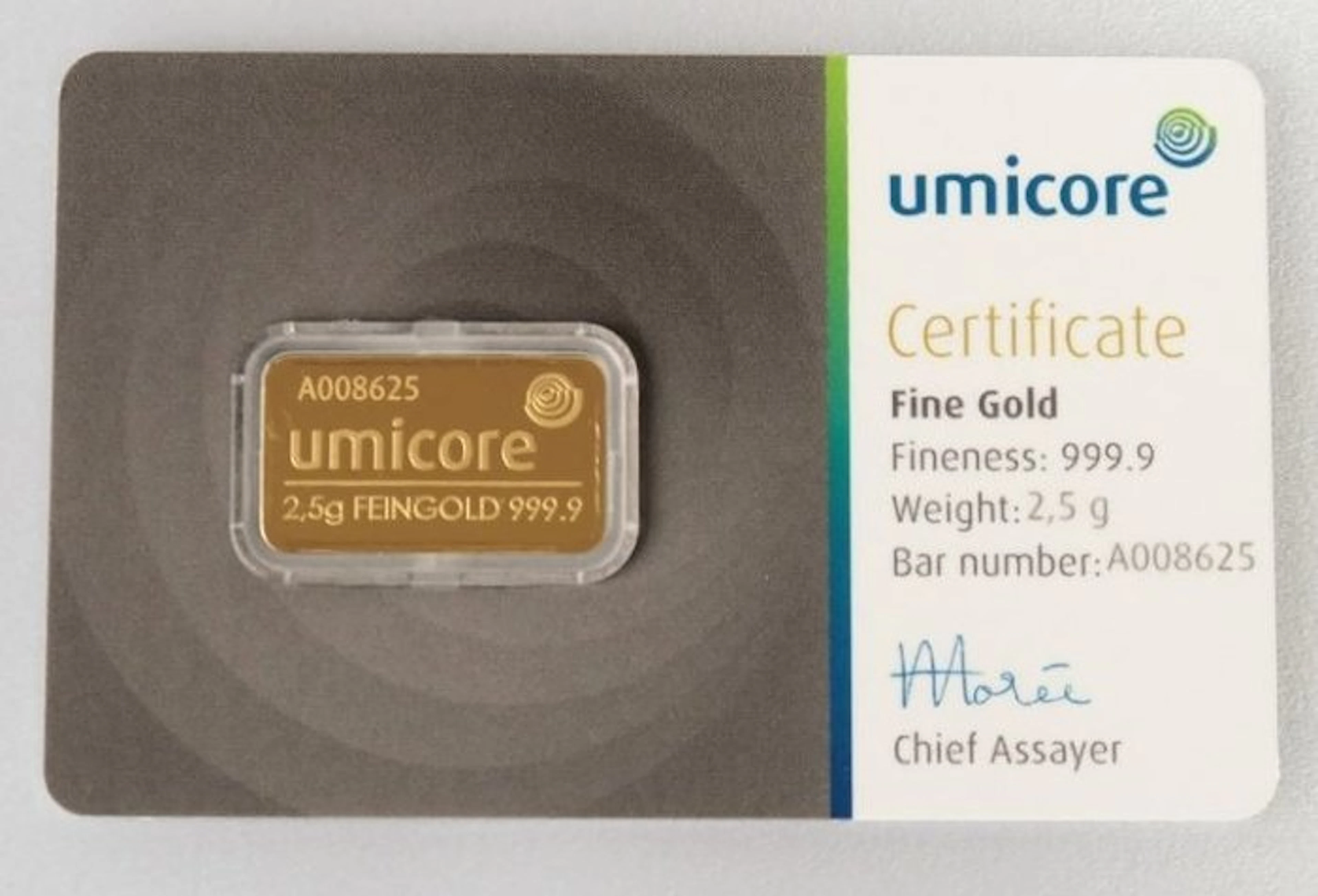 2,5 grams - Gold .999 - Umicore, Belgium - Sealed