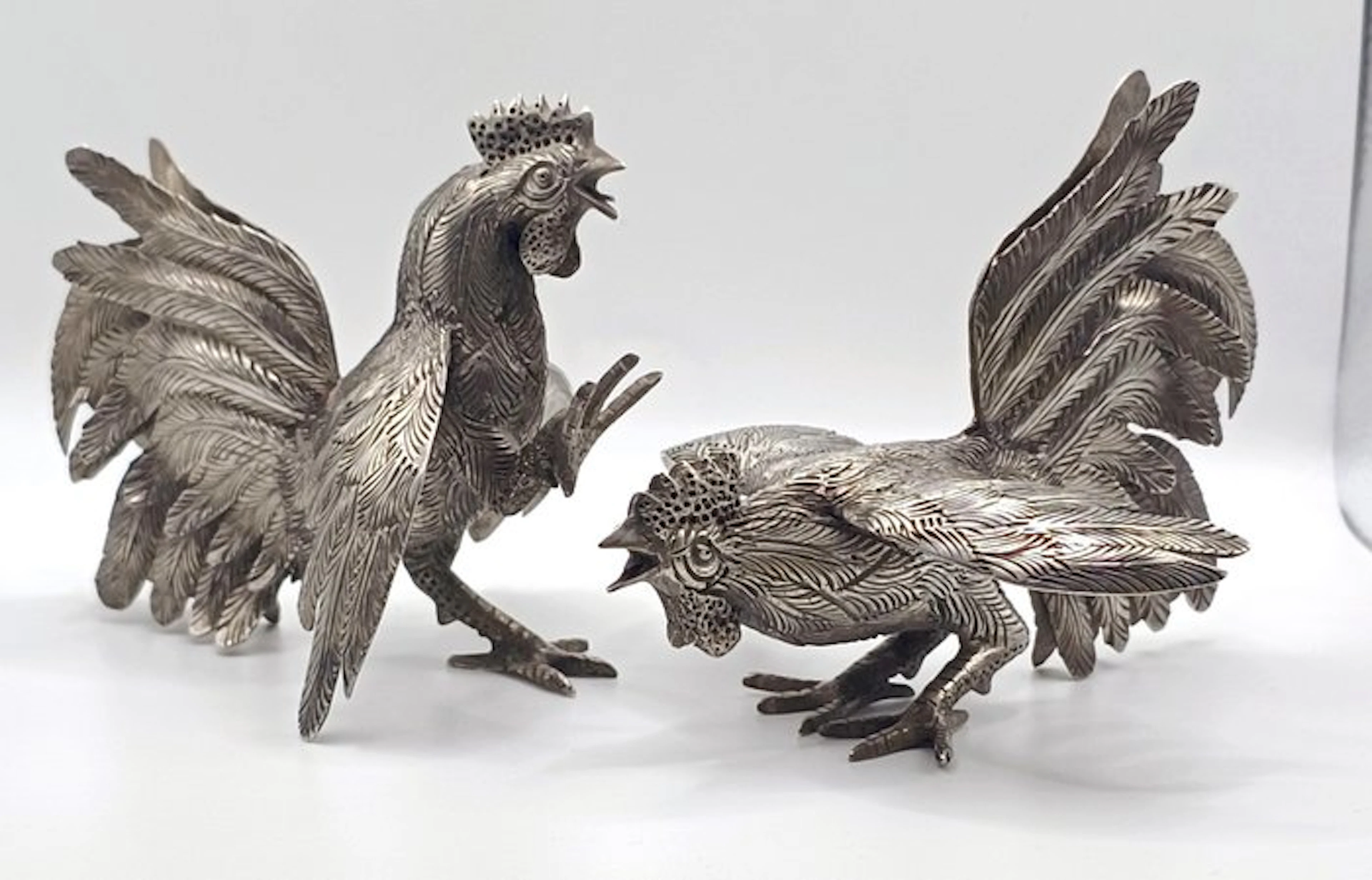 Sculpture, Coppia di galli da combattimento - Perù - 10 cm - .925 silver
