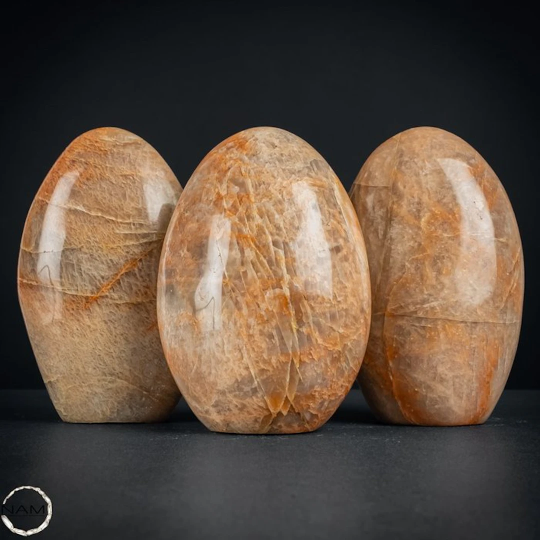 Peach Moonstone Free-Form Set – Three warm natural...
