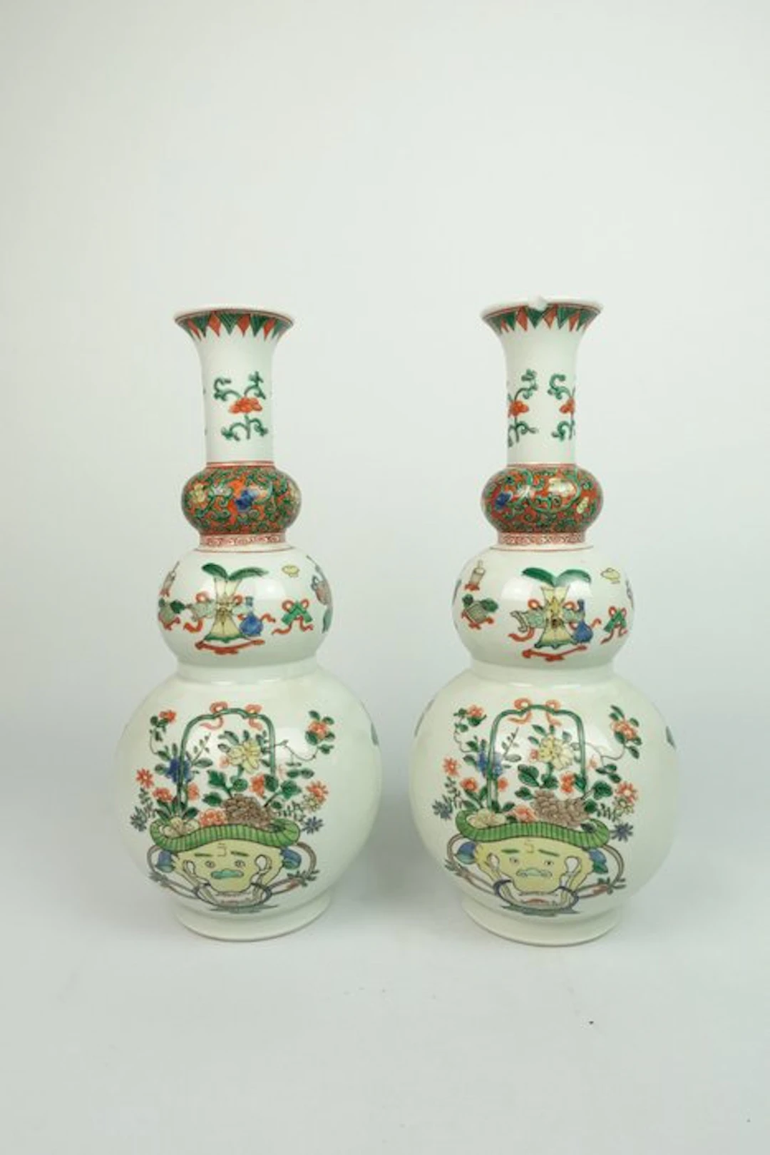 Pair of Wucai Floral Double-Gourd Vases - Porcelain - China - 20th century