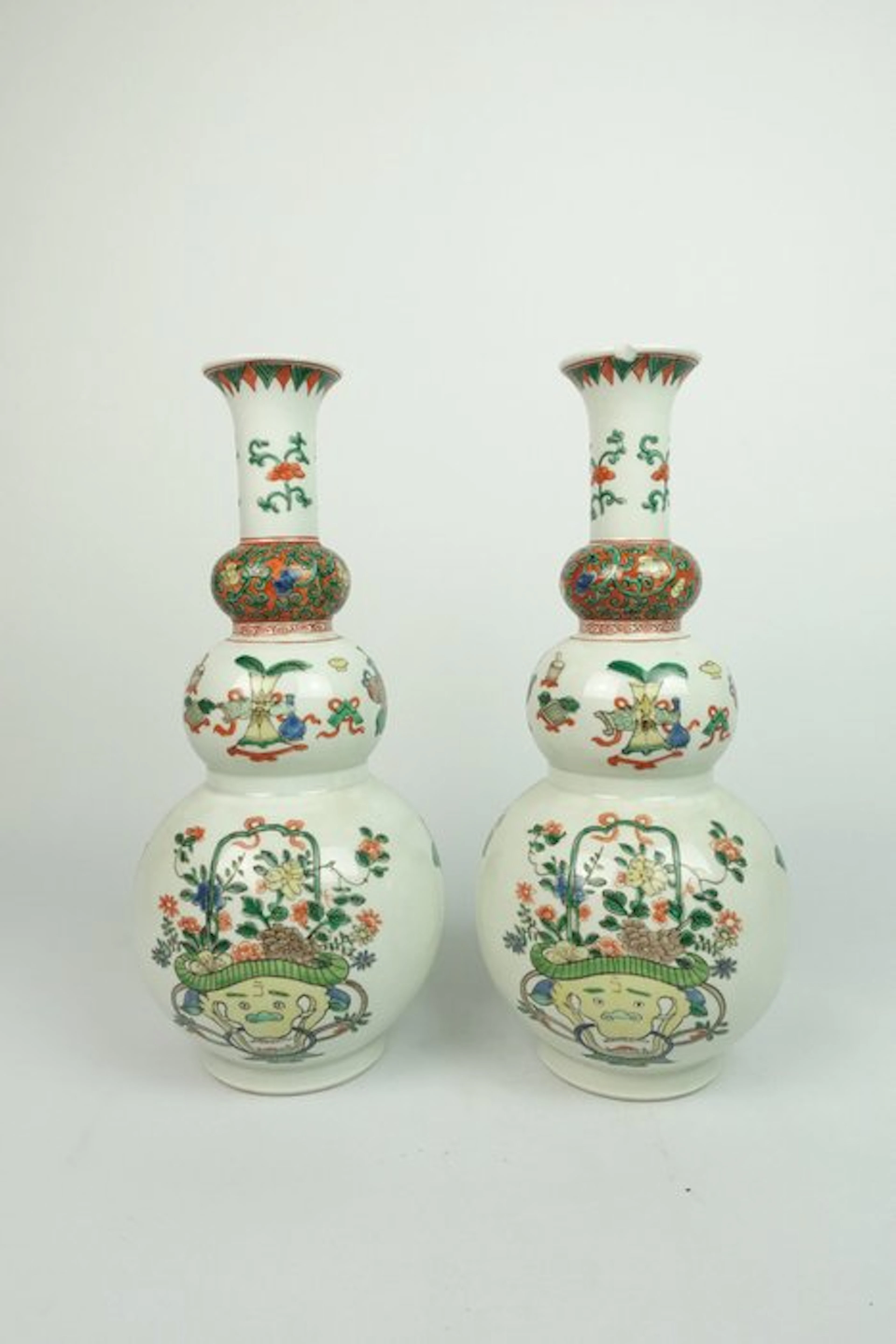 Pair of Wucai Floral Double-Gourd Vases - Porcelain - China - 20th century
