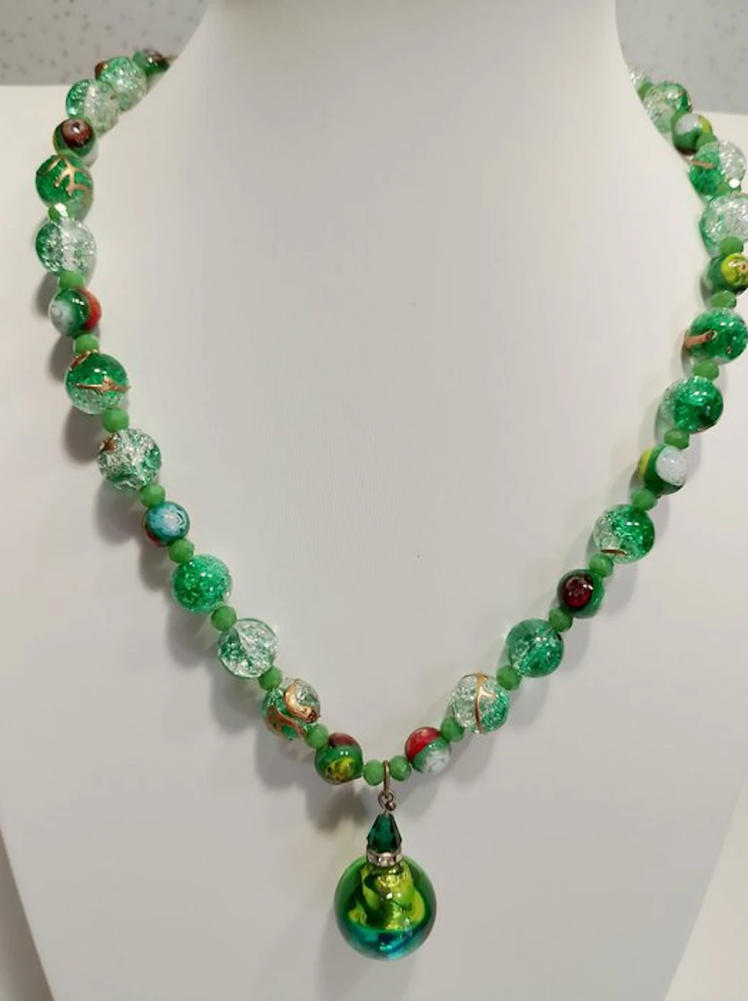 Rare Green Moss Agate and Crystals Necklace with round...