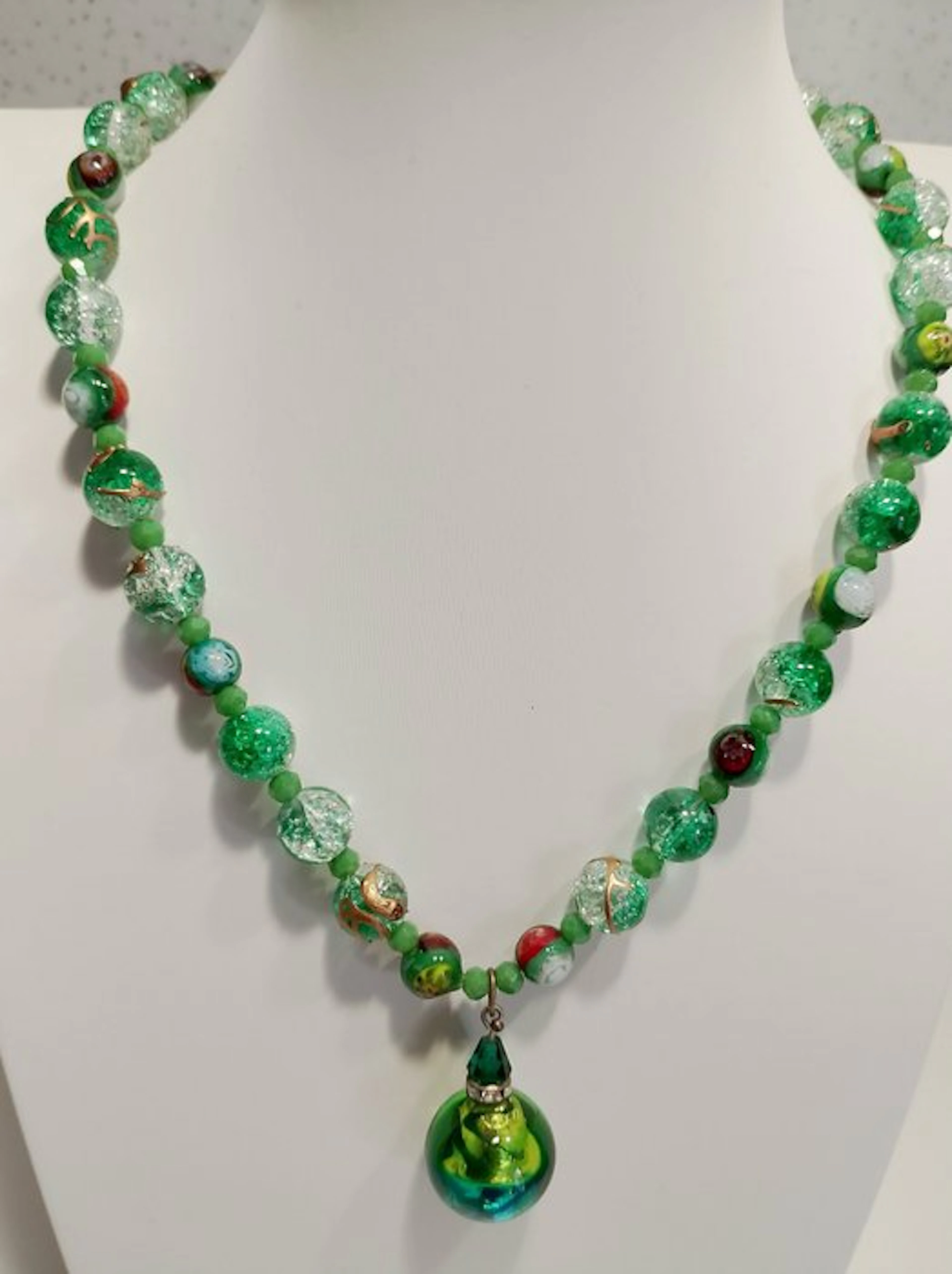 Rare Green Moss Agate and Crystals Necklace with round...