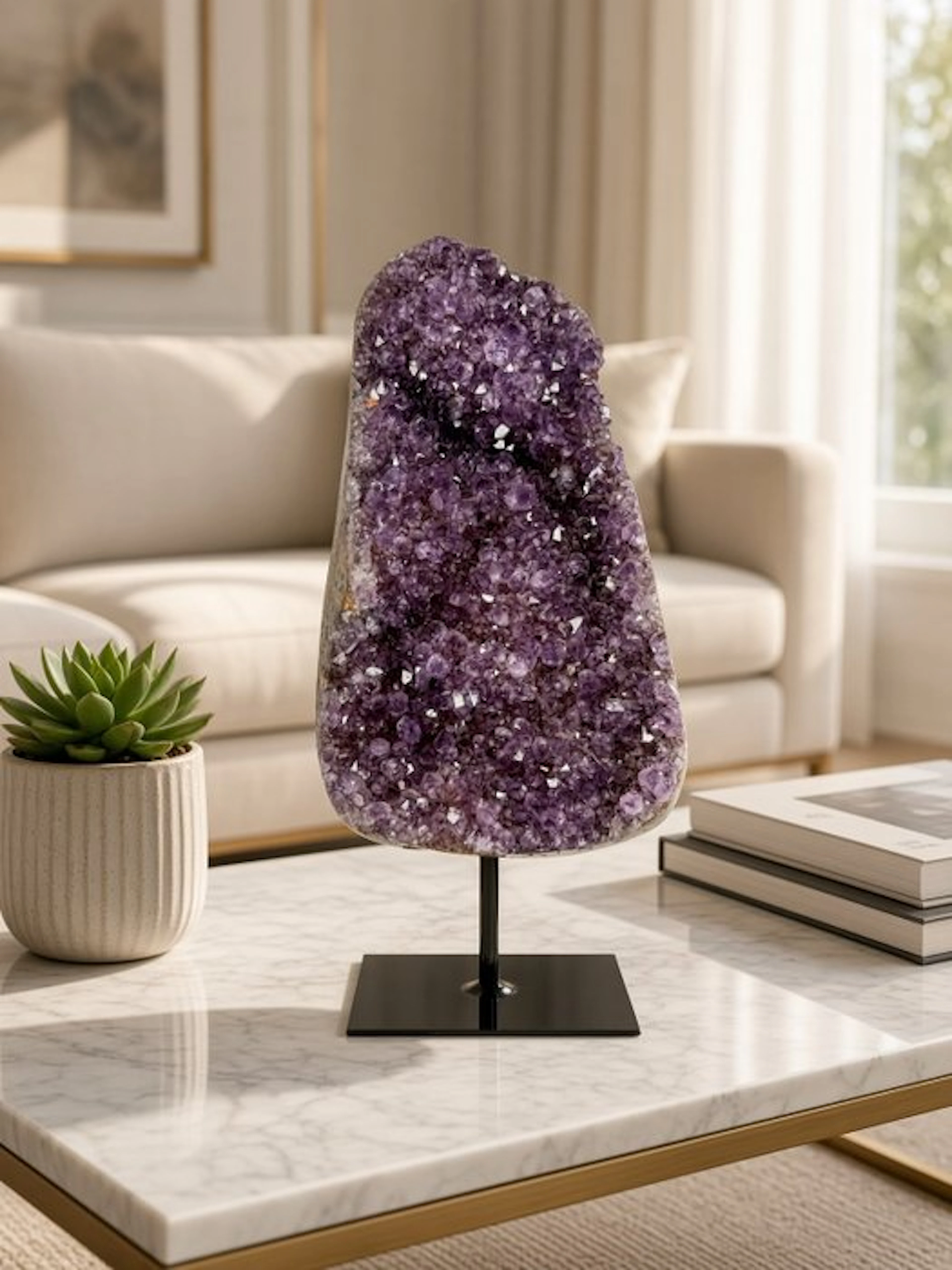 High-quality polished dark-colored amethyst on a stand