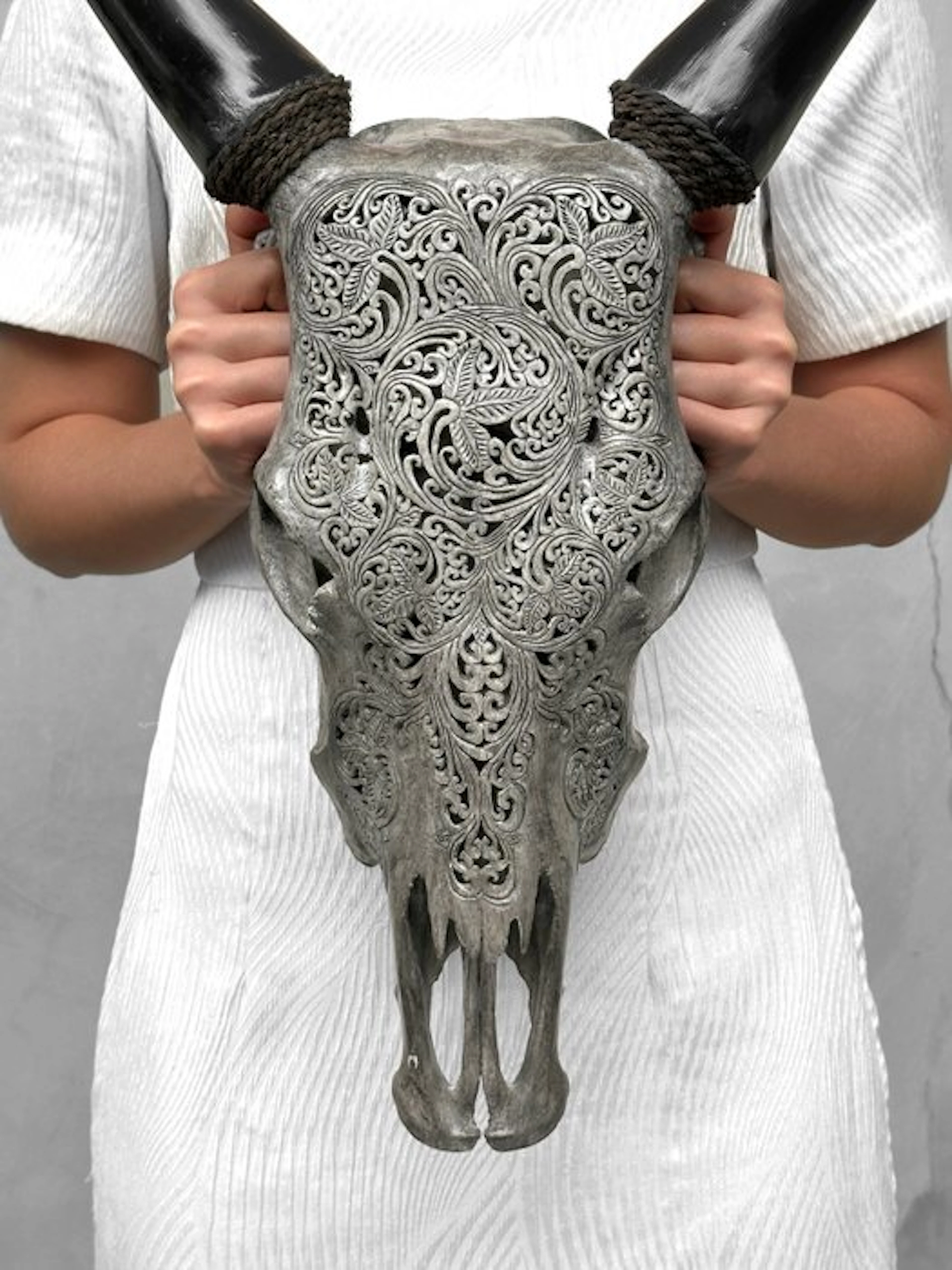 NO RESERVE PRICE - Authentic Grey Hand-Carved Cow Skull...
