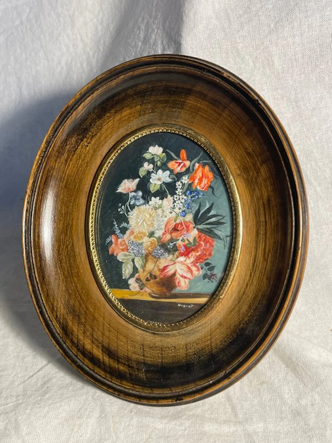Signé HUGUET - Frame- Splendid Miniature Floral Arrangement - Wood, Celluloid