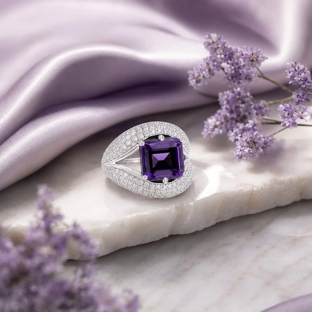 No reserve price - Ring Gold-plated Amethyst - Diamond - 18K Gold Plated