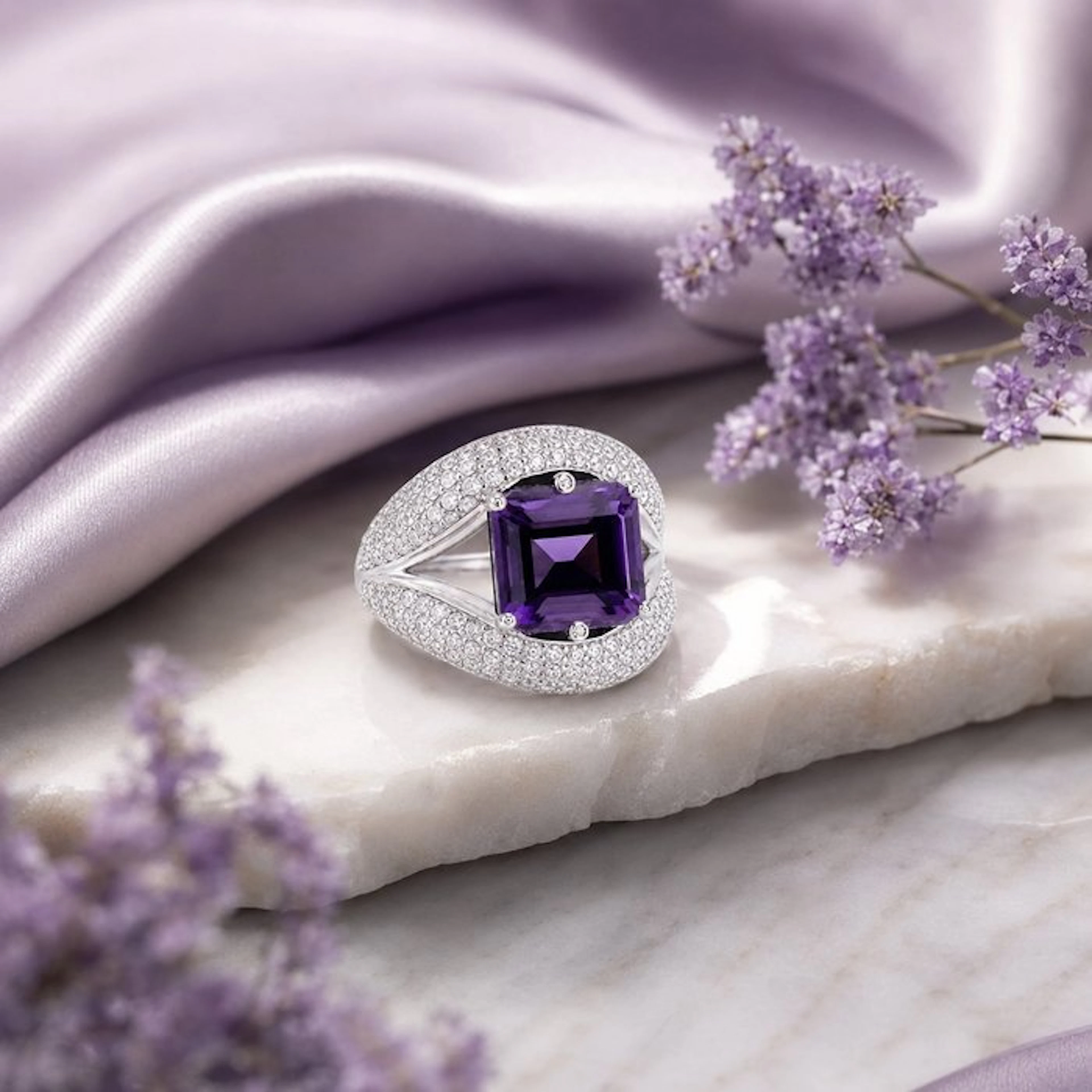 No reserve price - Ring Gold-plated Amethyst - Diamond - 18K Gold Plated