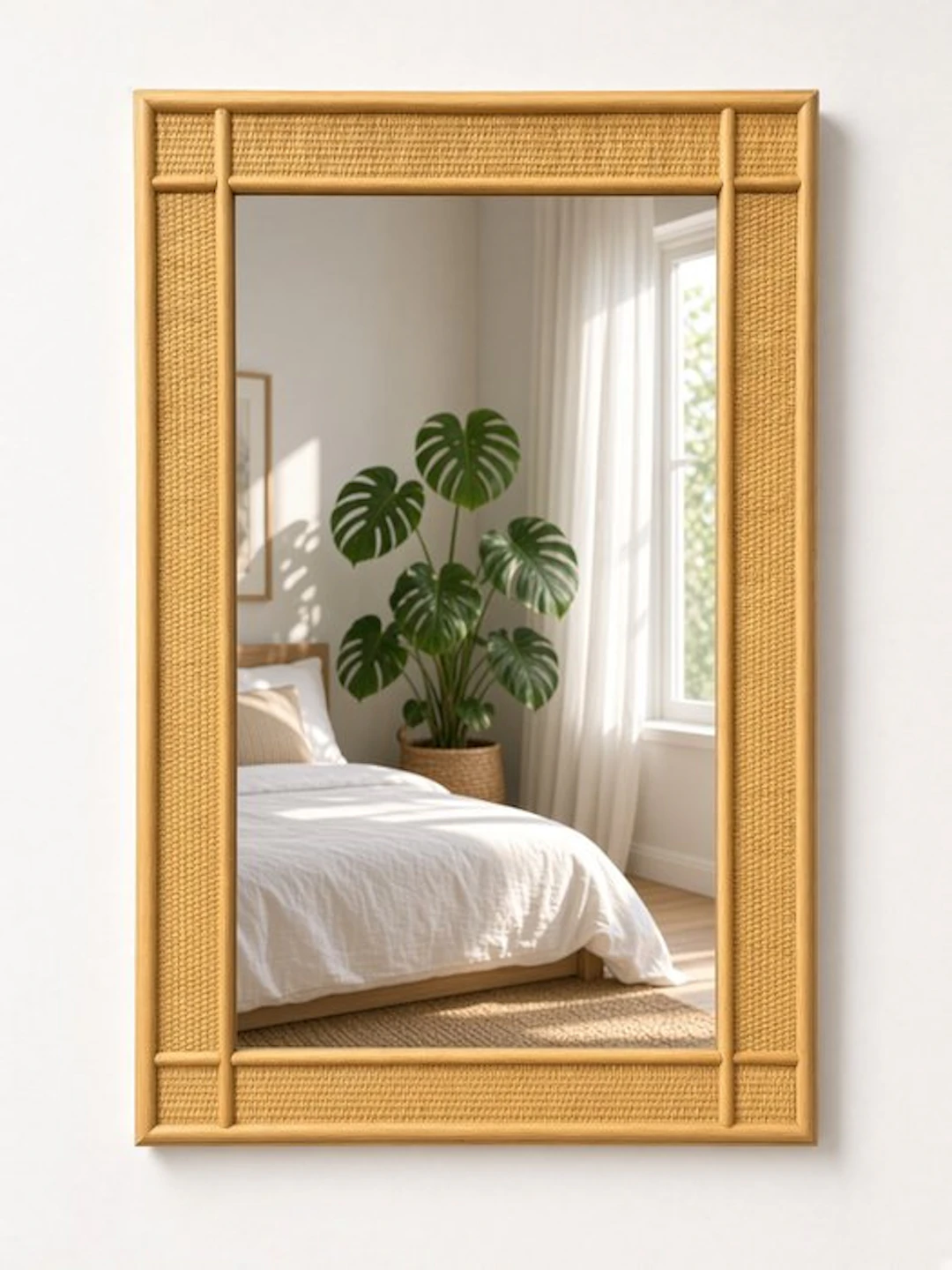 Mirror- 1970s Woven Rattan and Bamboo Rectangular Wall Mirror - Rattan, Bamboo