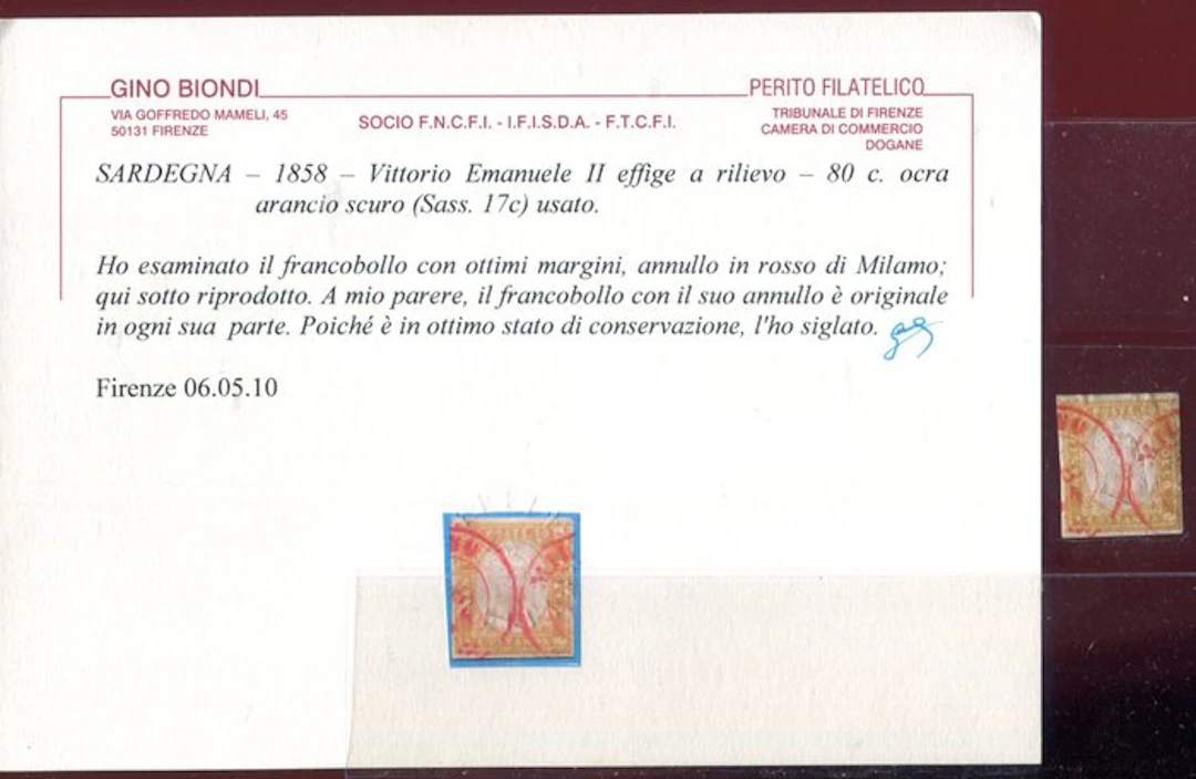 Italian Ancient States - Sardinia 1858 - 80 cents used in Milan. - Sassone 17c.