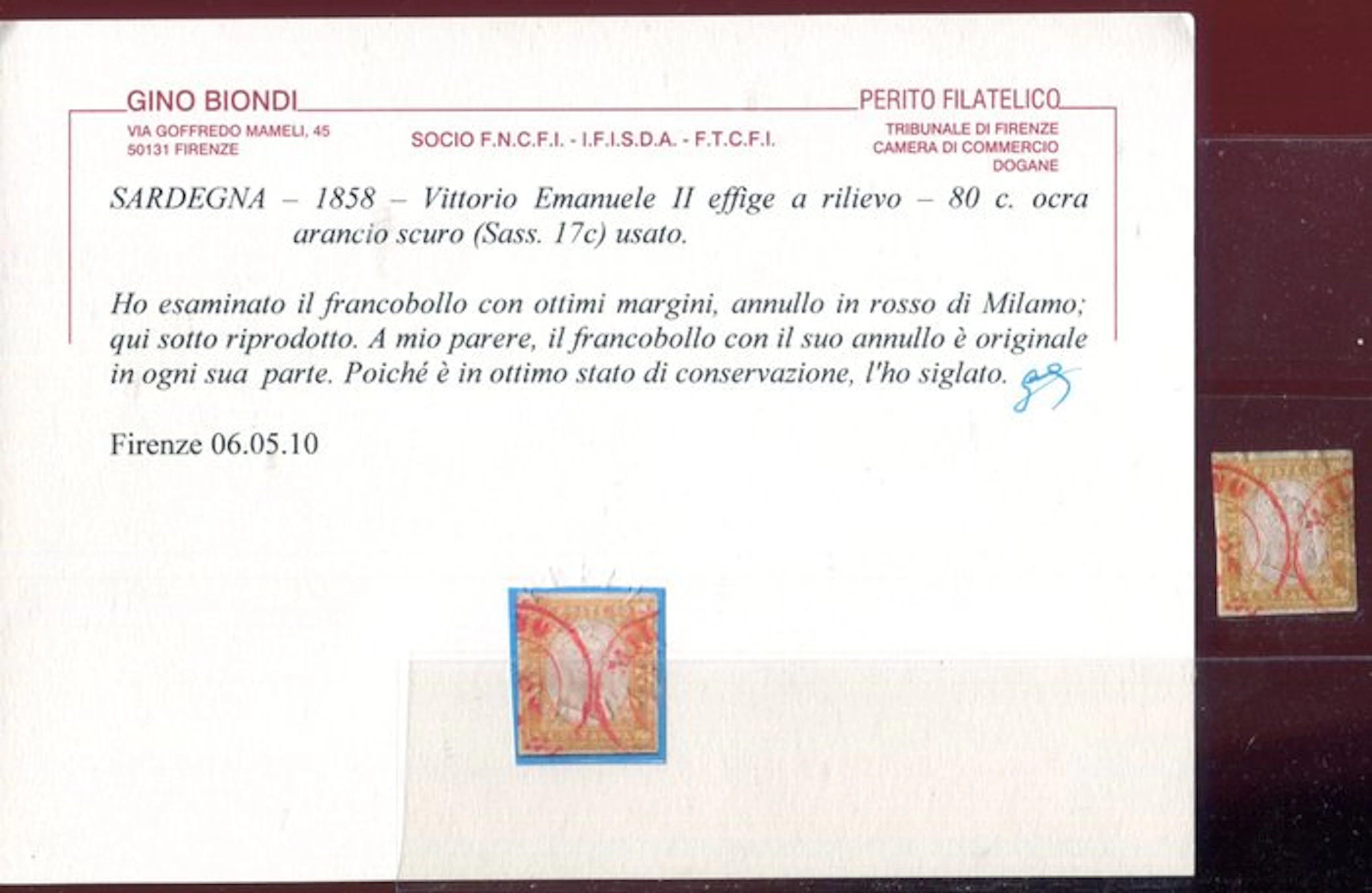 Italian Ancient States - Sardinia 1858 - 80 cents used in Milan. - Sassone 17c.