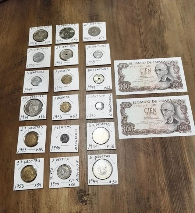 Spain. Peseta 1870-1980 (18 monedas españolas + 2 billetes) (No reserve price)