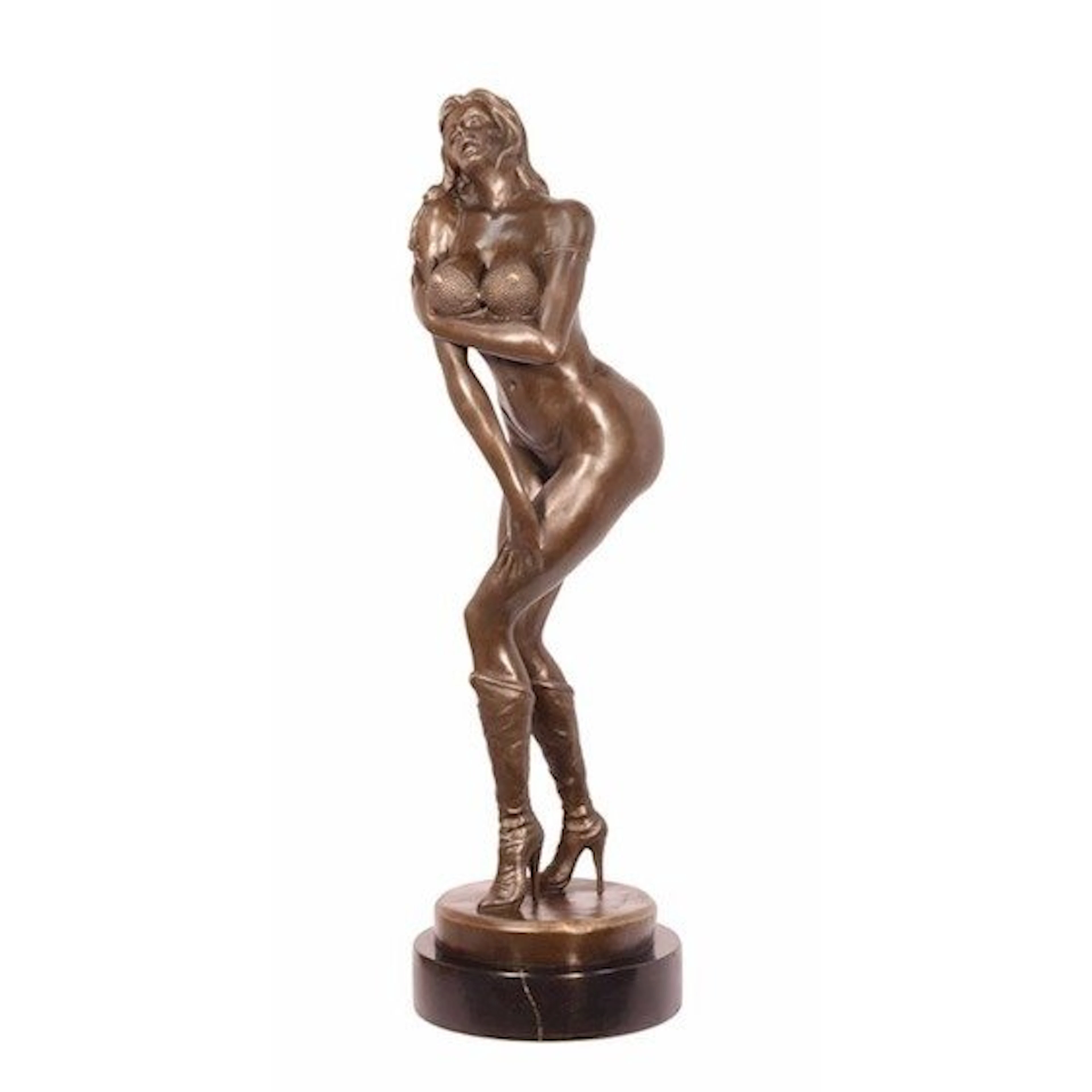 Outdoor sculpture, bronzen pin up dame - 57 cm - bronze, marble