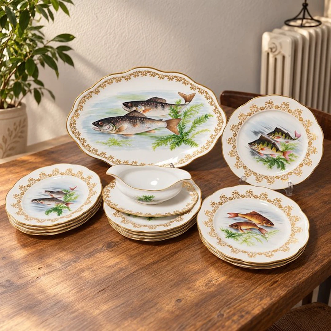 Table service (14) - Polychrome fish decor - rich gilding...