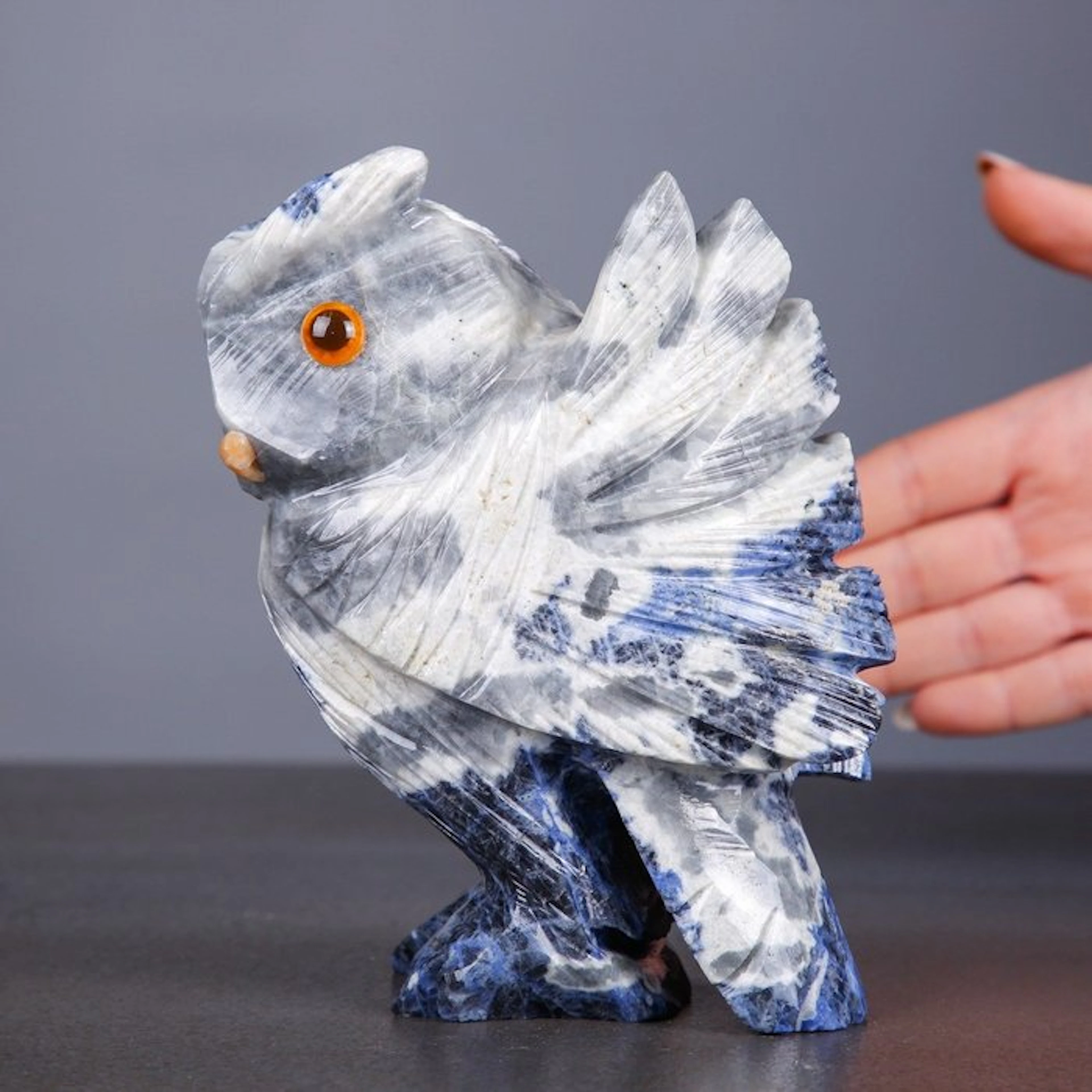 Hand-carved Brazilian sodalite owl sculpture