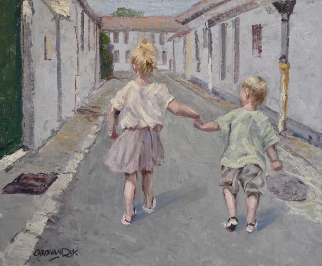 Chris van Dijk (1952) Impressionist - " Enfants jouent dans la rue "