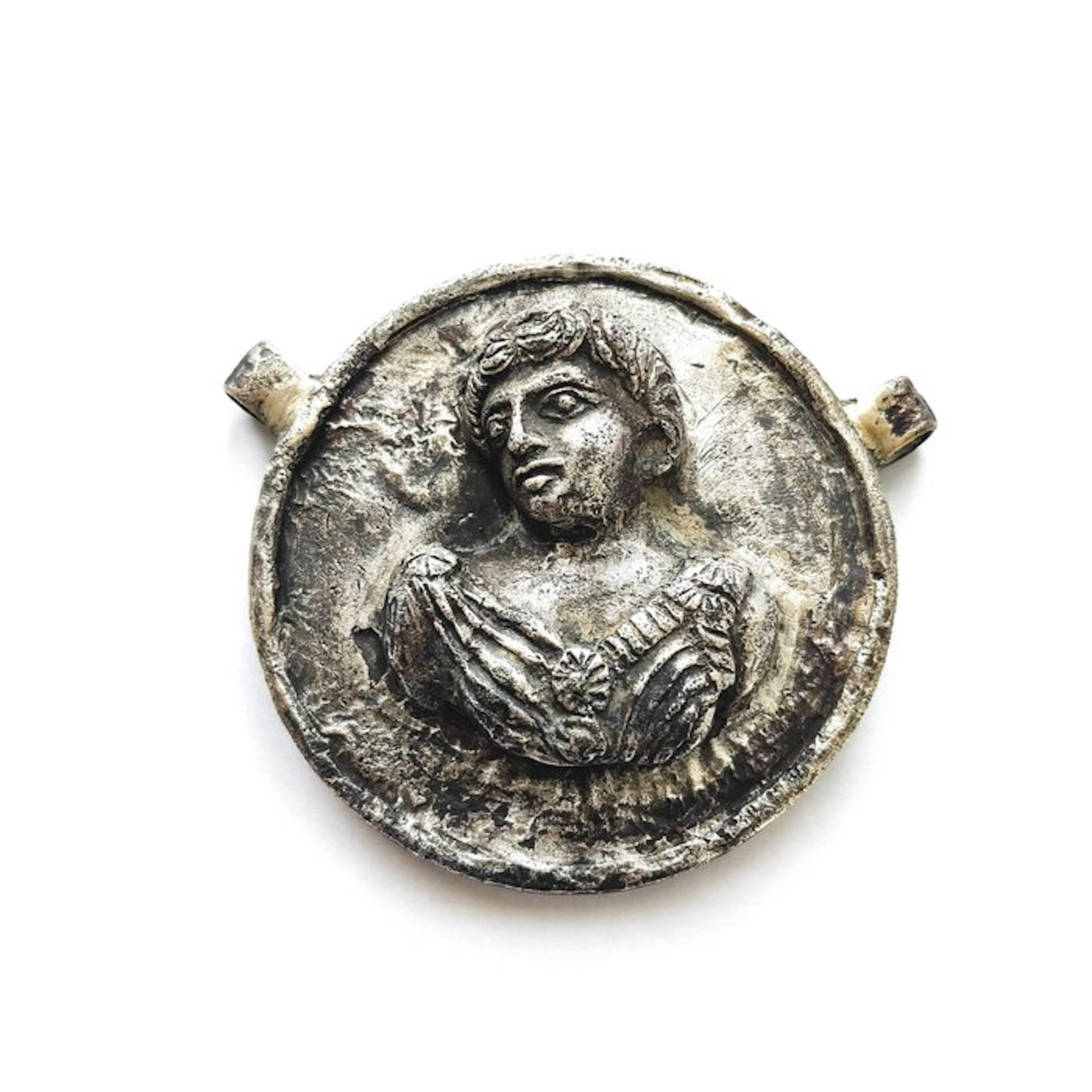 Greco-Bactrian Silver Hermes Deity Portrait Pendant Talisman - 100 mm