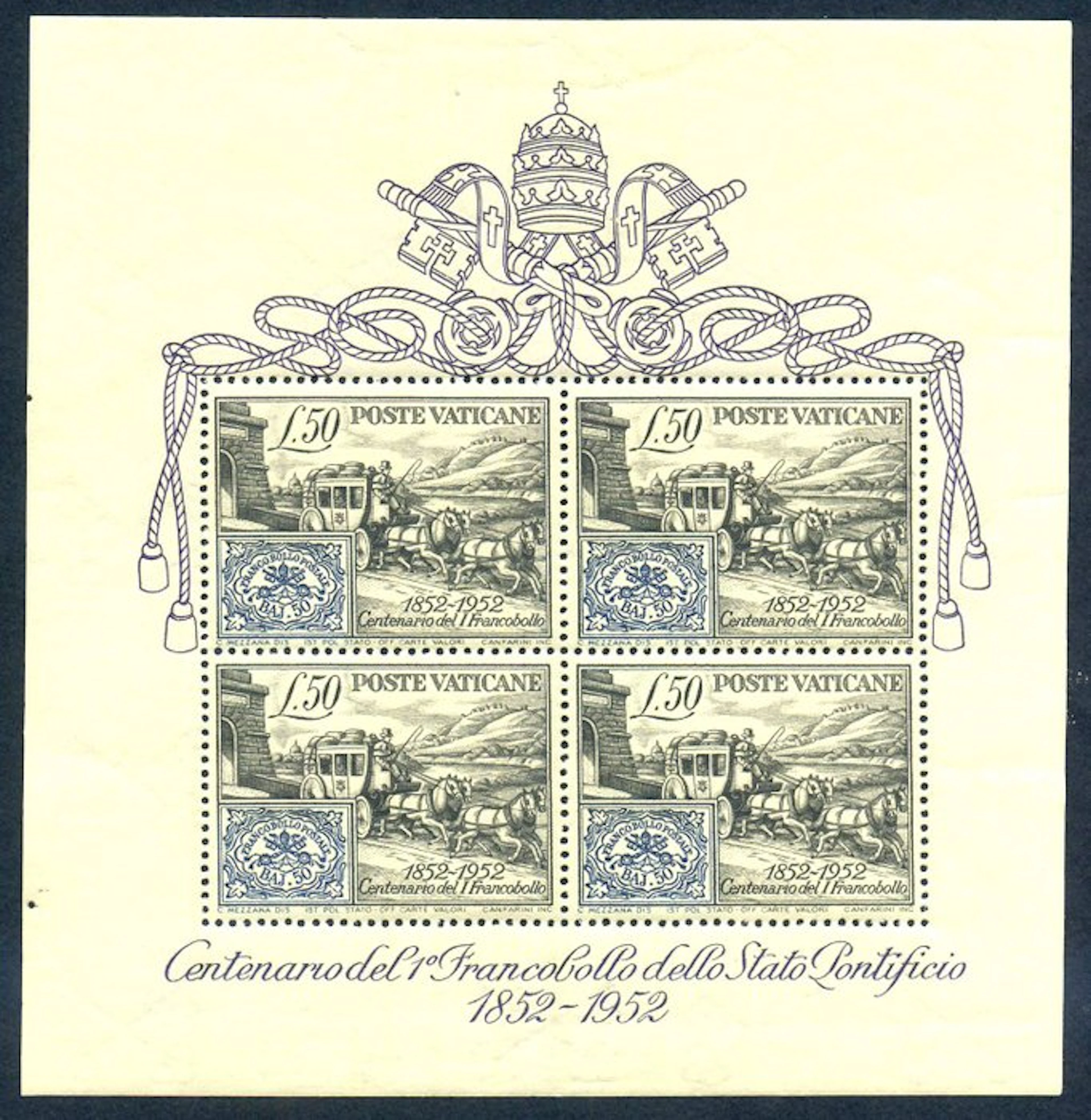 Vatican City 1952 - Centennial sheet with excellent centering. Splendid