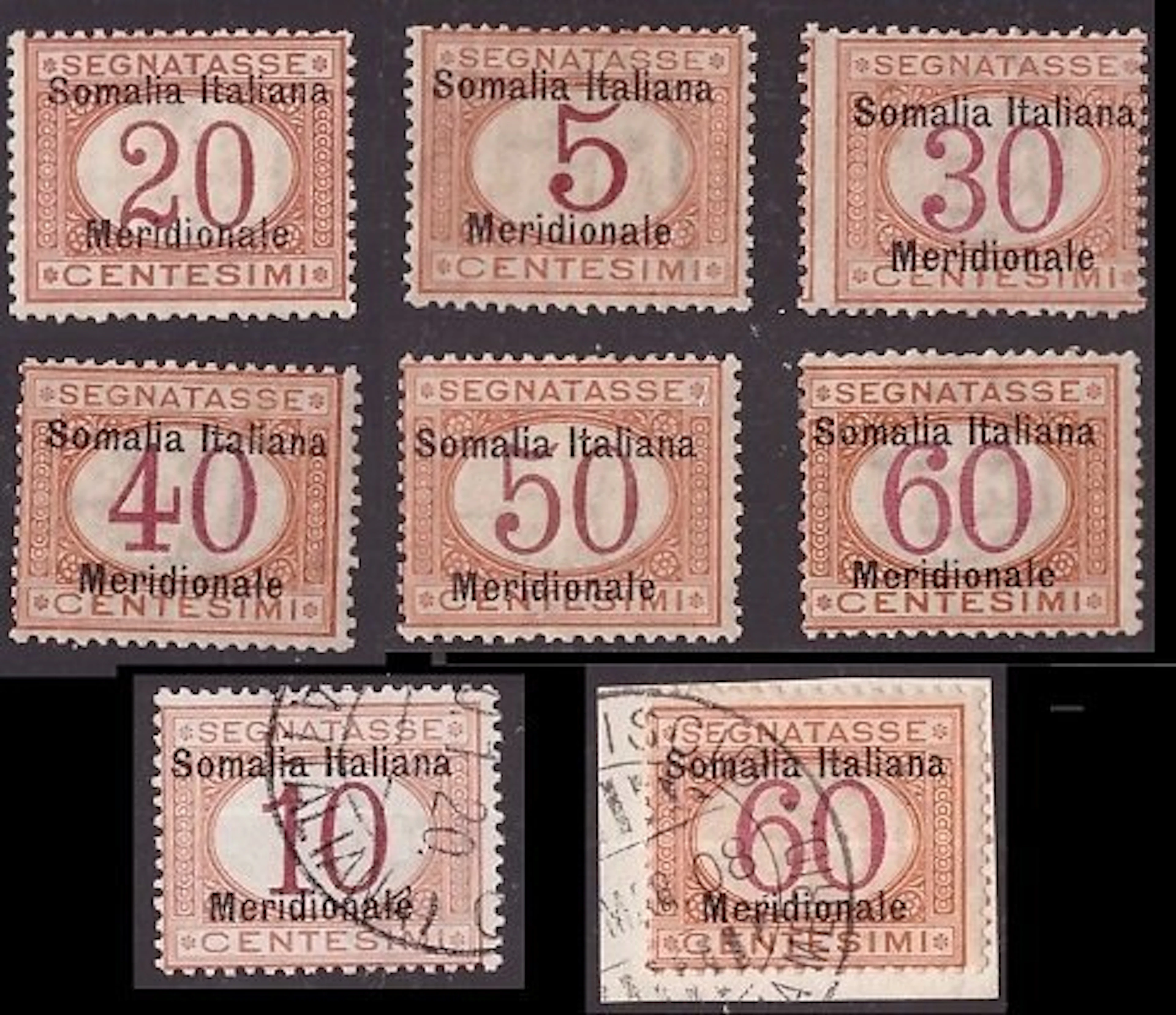 Italian Somalia 1906 - eight specimens of Segnatasse overprinted stamps