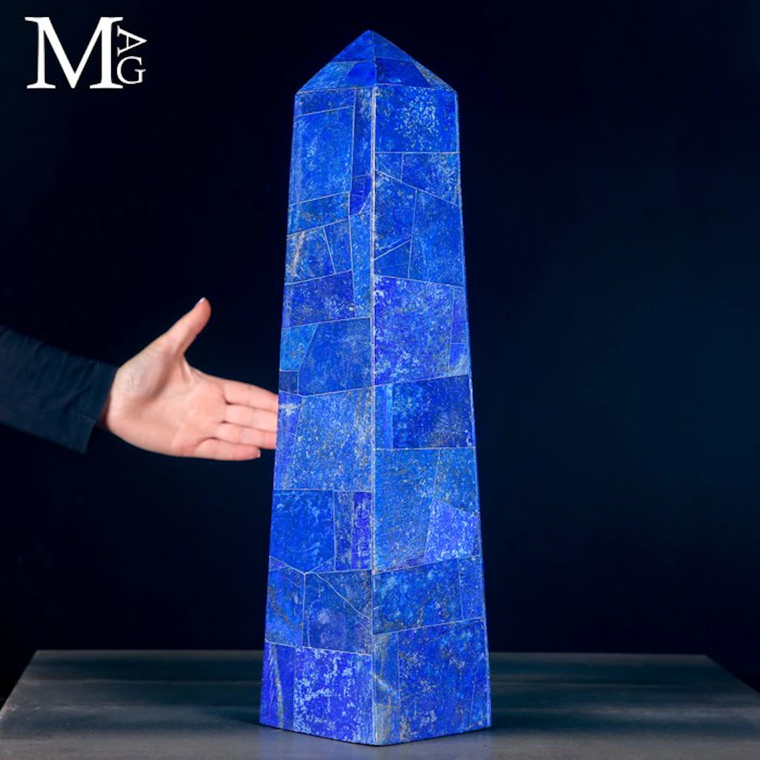Majestic Lapis Lazuli Mosaic Obelisk with Solid Marble...