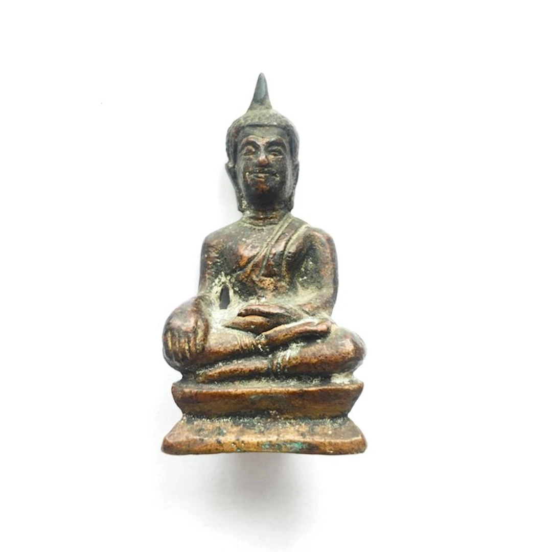 Ancient Indochinese Bronze Sitting Buddha Statue Bead Idol Talisman - 73 mm