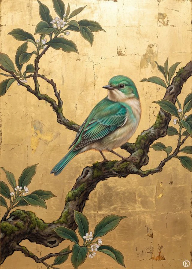 Kleury.art - [XL Canvas] "The Emerald Songbird on Gold Leaf" by Kleury.art